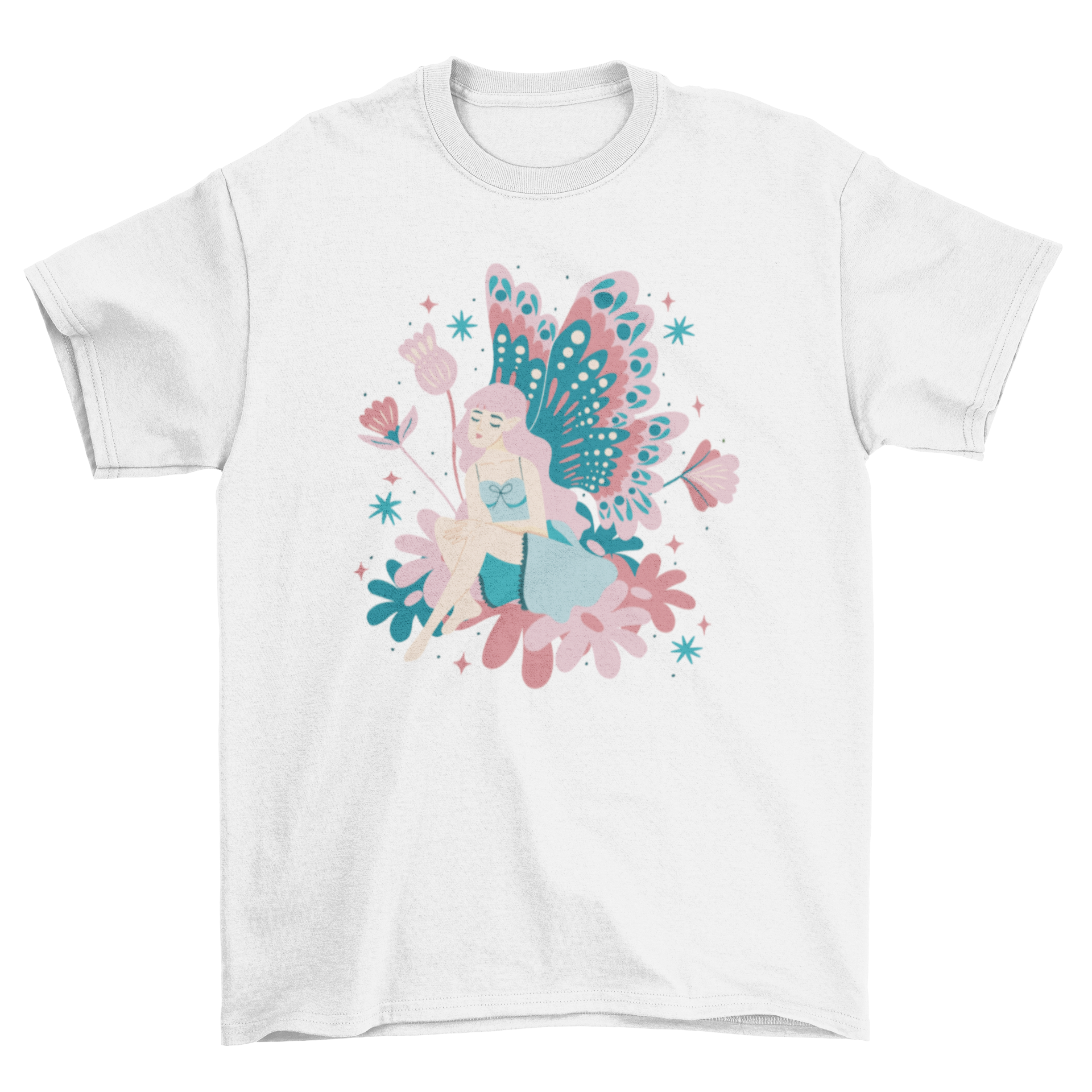 A beautiful t-shirt featuring a fairy with delicate wings surrounded by colorful flowers, perfect for nature lovers.