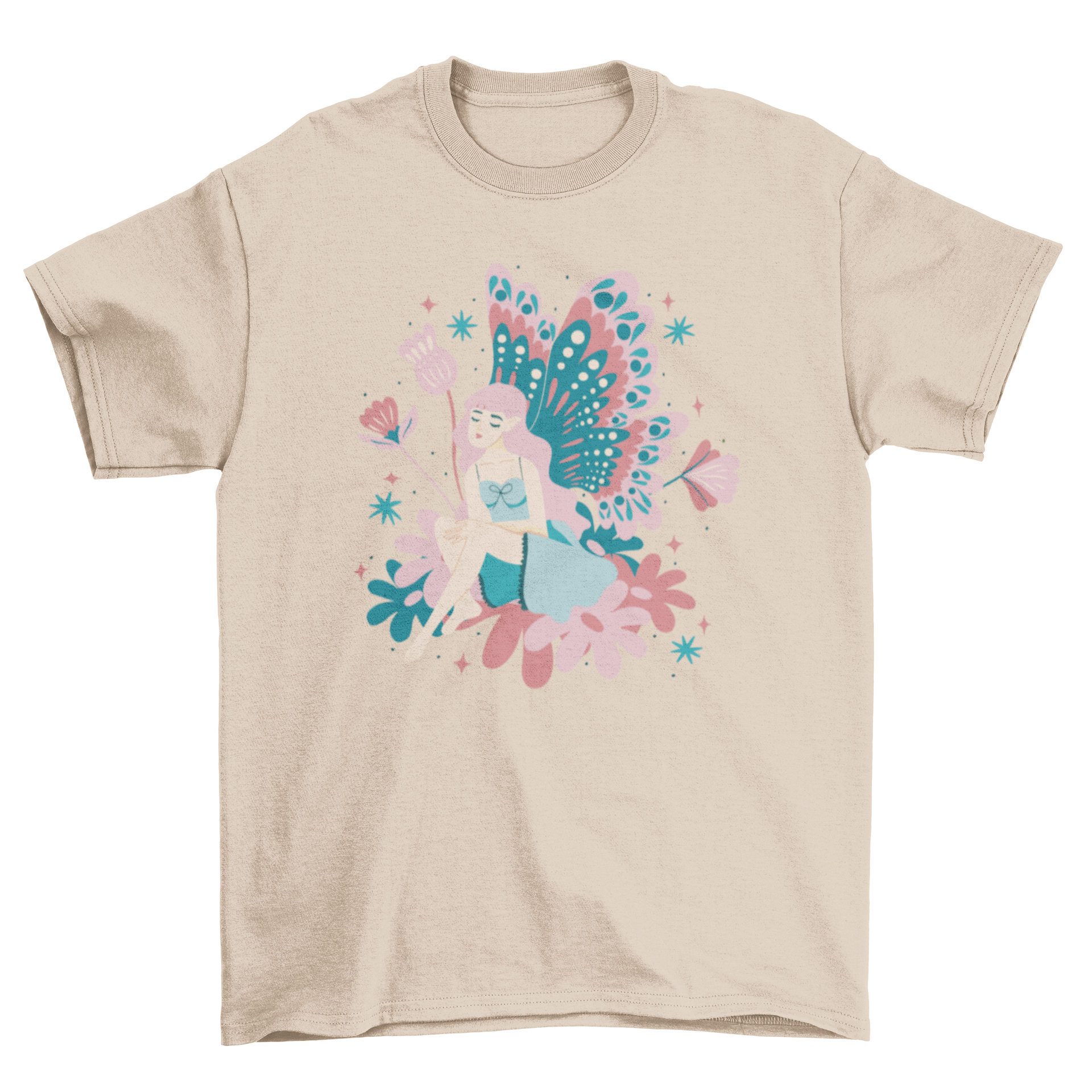 A beautiful t-shirt featuring a fairy with delicate wings surrounded by colorful flowers, perfect for nature lovers.