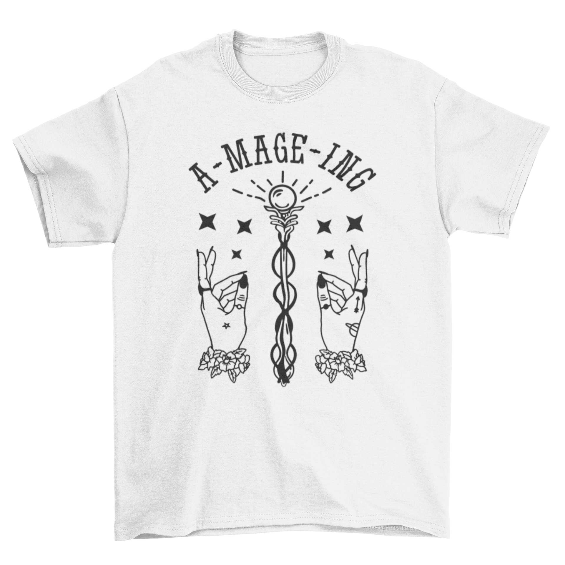 Magical hands fantasy t-shirt featuring two hands holding a scepter with the quote 'A-mage-ing'.