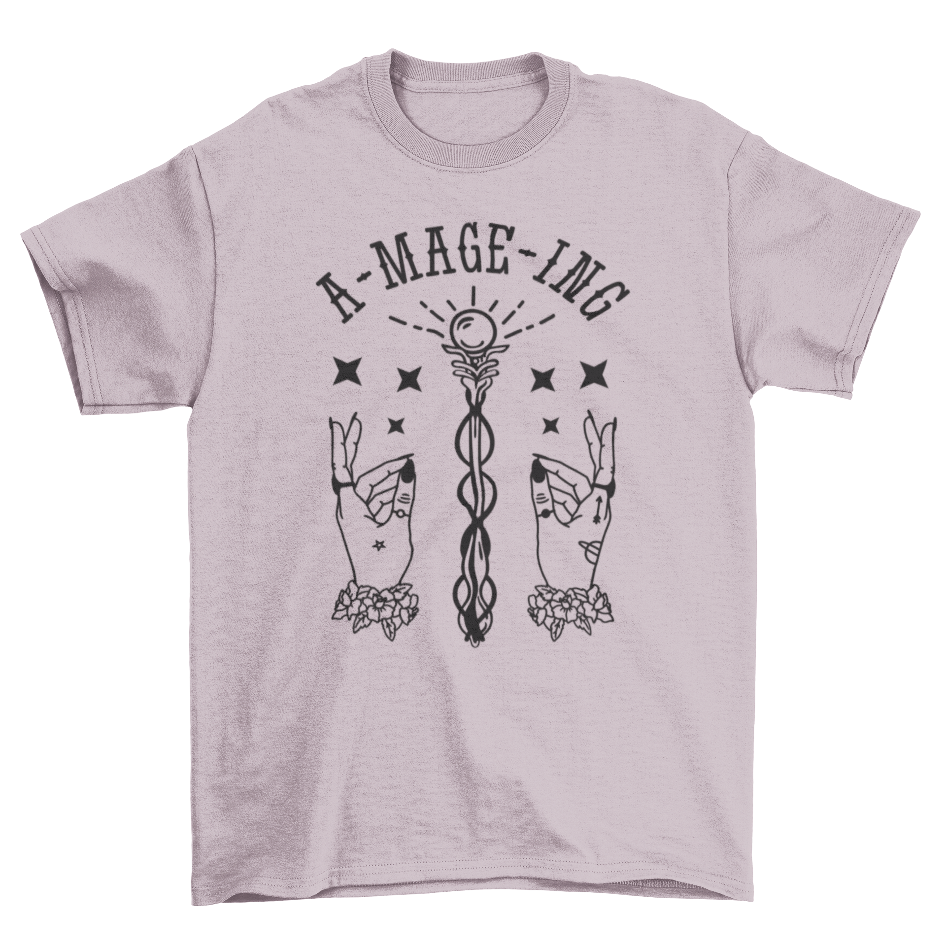 Magical hands fantasy t-shirt featuring two hands holding a scepter with the quote 'A-mage-ing'.