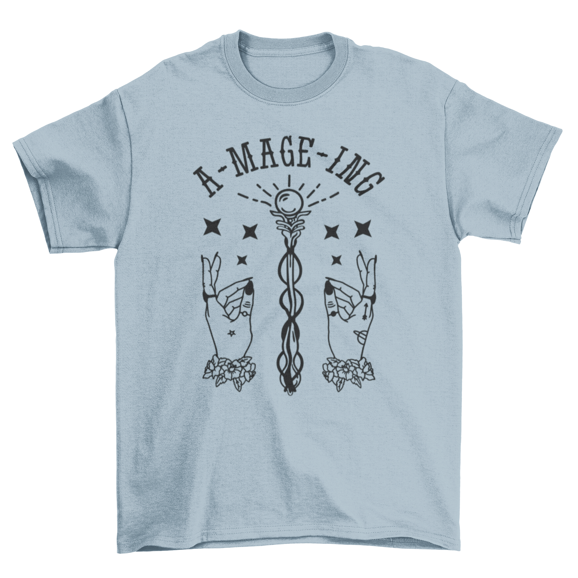 Magical hands fantasy t-shirt featuring two hands holding a scepter with the quote 'A-mage-ing'.