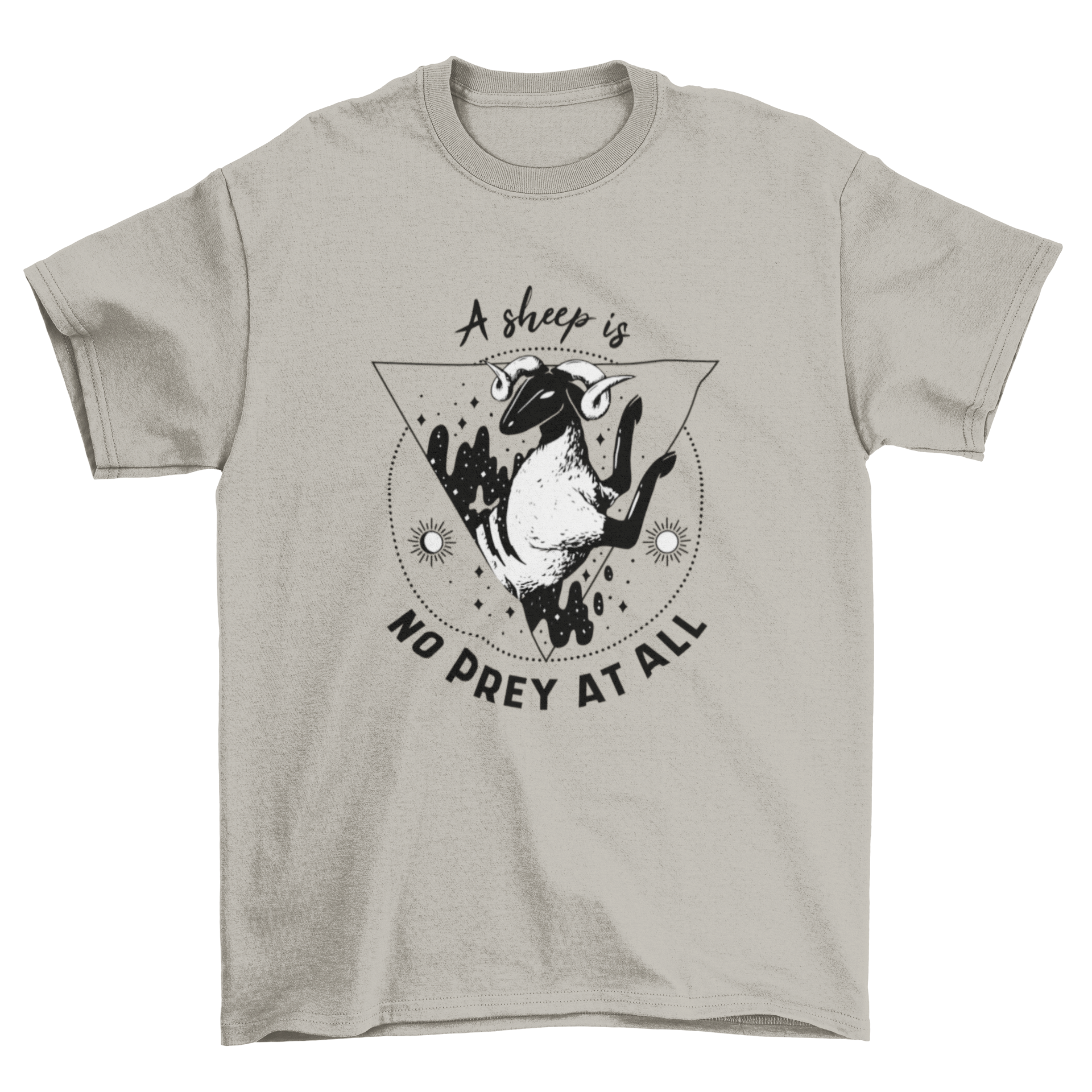 A stylish t-shirt featuring a whimsical sheep design and the quote 'A sheep is no prey at all', perfect for animal lovers.