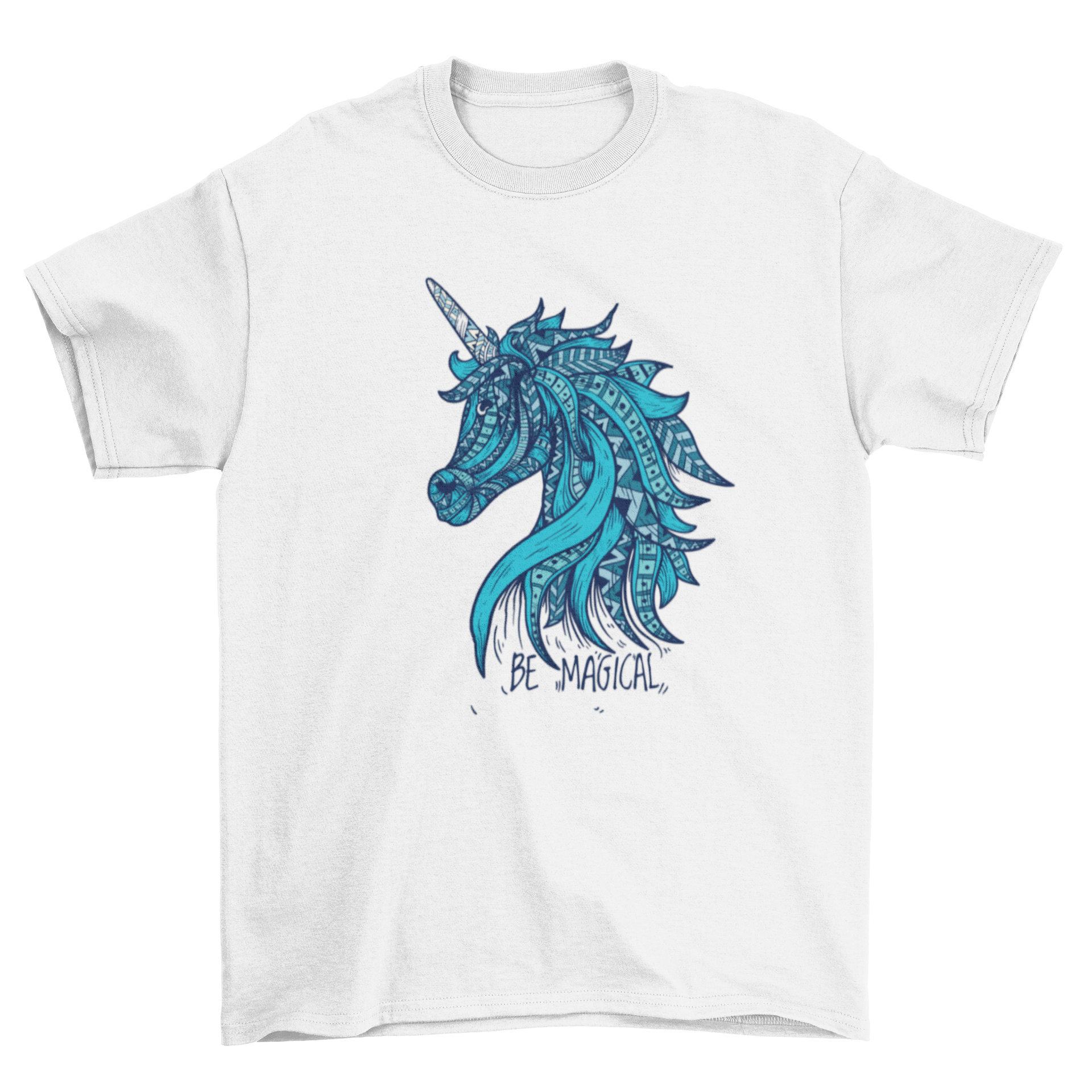 A colorful t-shirt featuring a whimsical unicorn design and the quote 'Be magical', perfect for unicorn lovers.