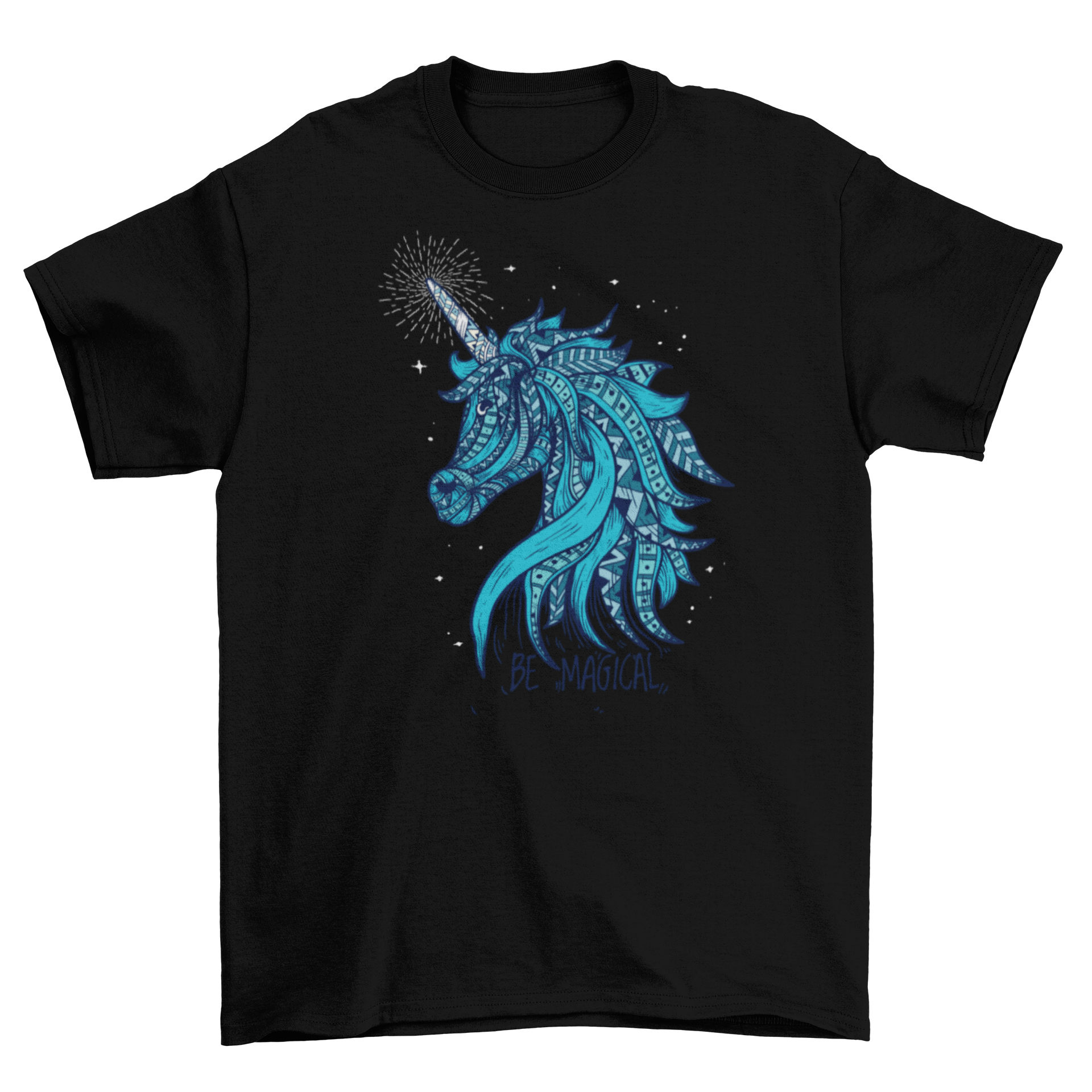 A colorful t-shirt featuring a whimsical unicorn design and the quote 'Be magical', perfect for unicorn lovers.