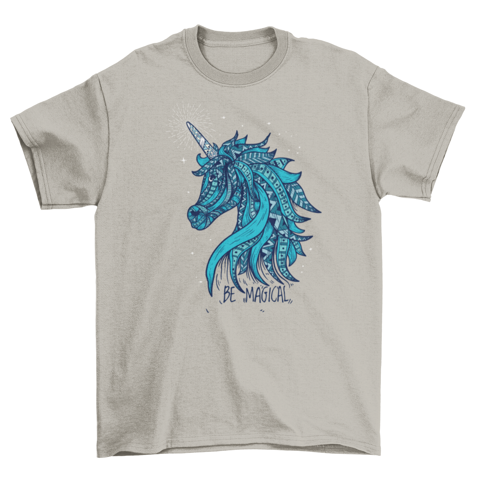 A colorful t-shirt featuring a whimsical unicorn design and the quote 'Be magical', perfect for unicorn lovers.