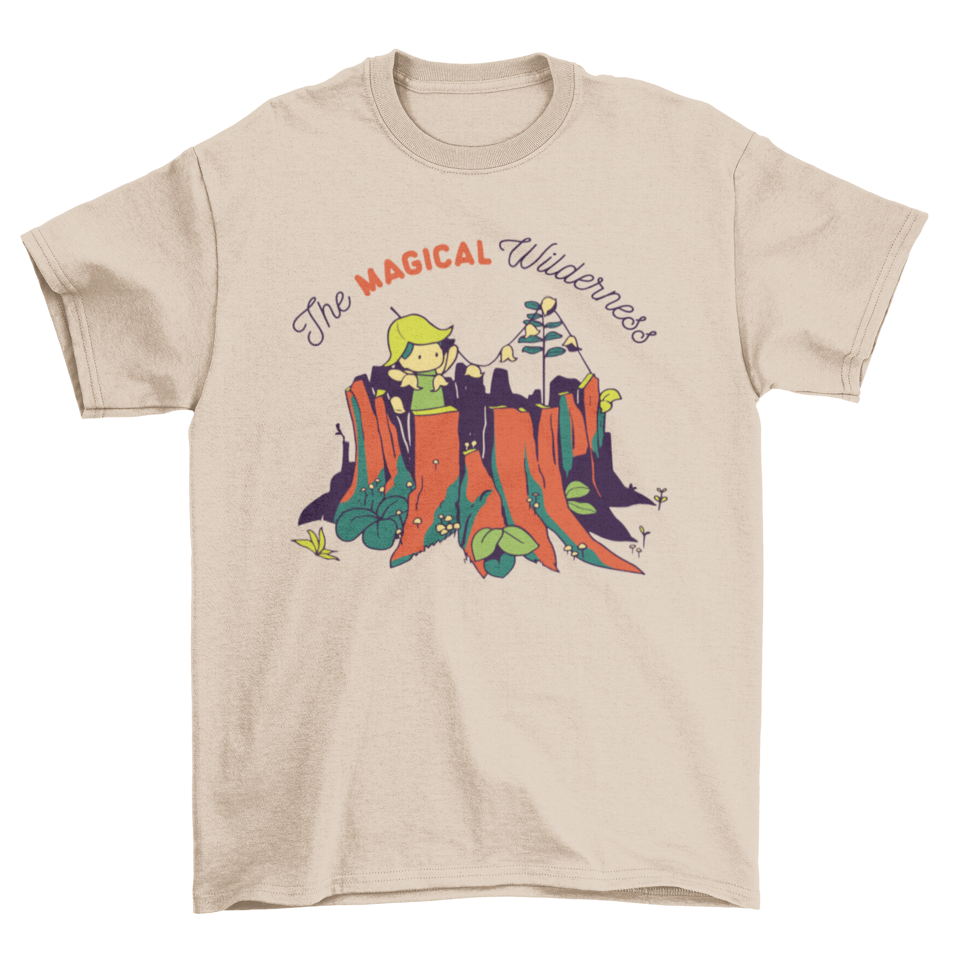 A whimsical t-shirt design featuring a tiny girl surrounded by nature, with vibrant colors and an inspiring quote.