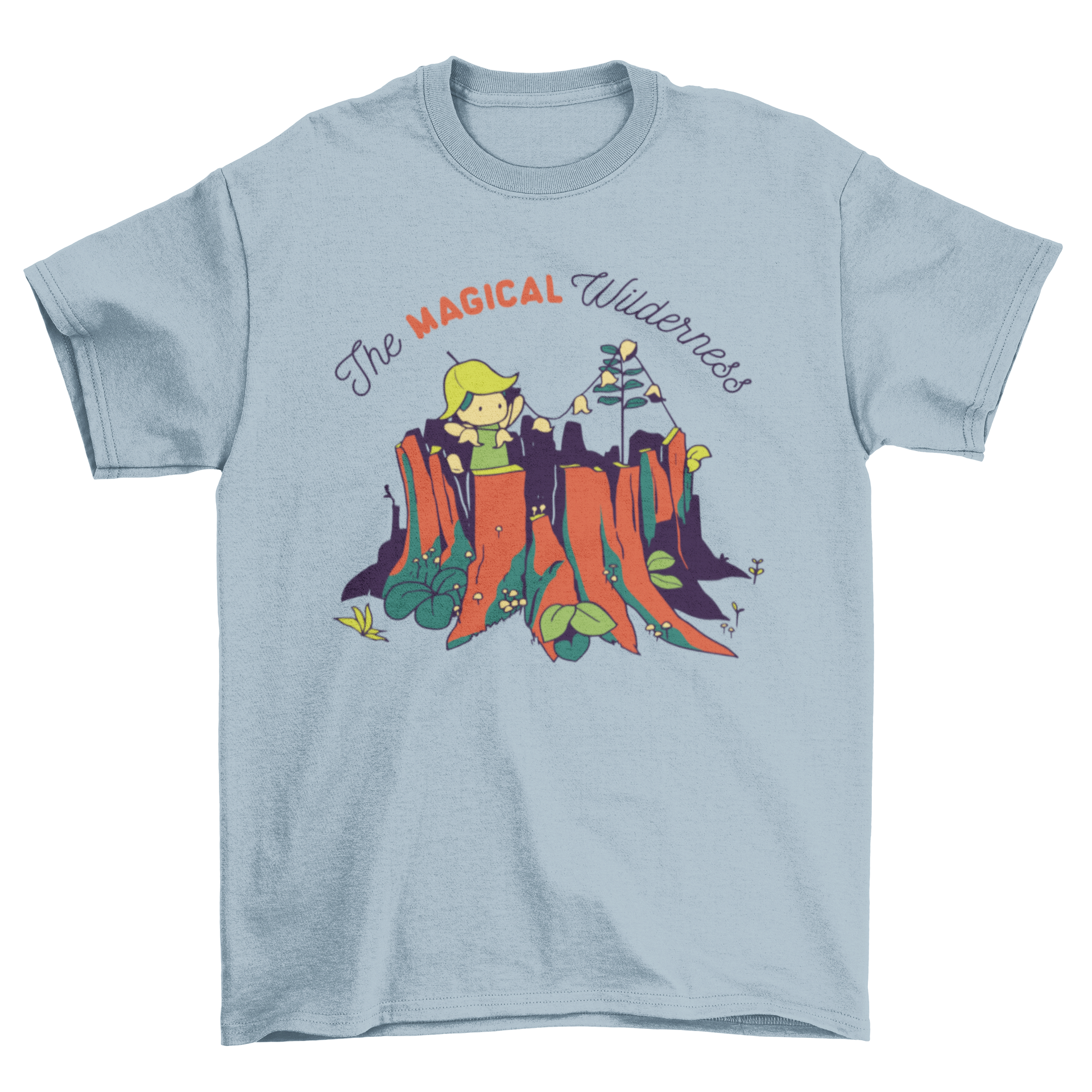 A whimsical t-shirt design featuring a tiny girl surrounded by nature, with vibrant colors and an inspiring quote.