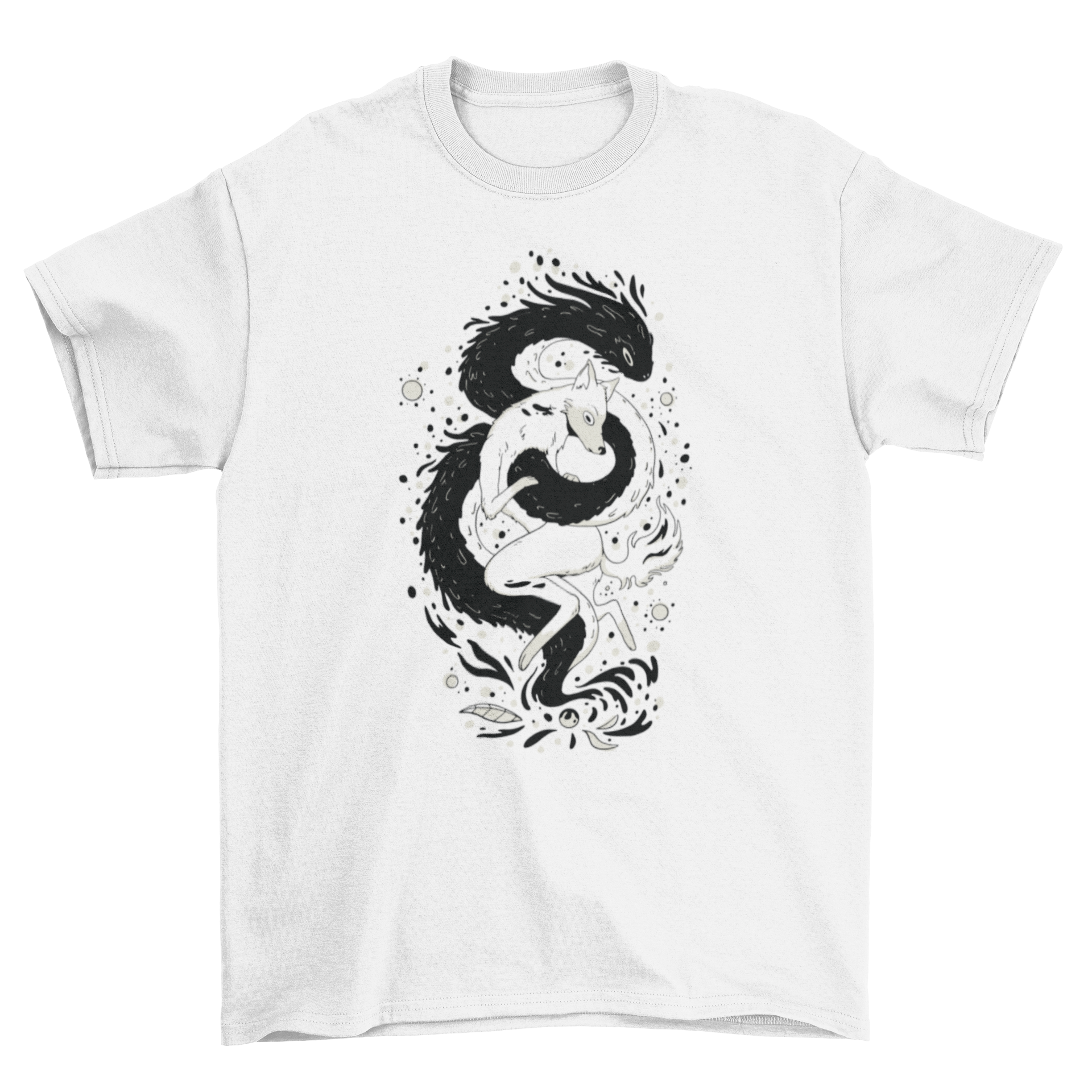 A stylish t-shirt featuring a magical wolf-like creature design, showcasing vibrant colors and intricate details.