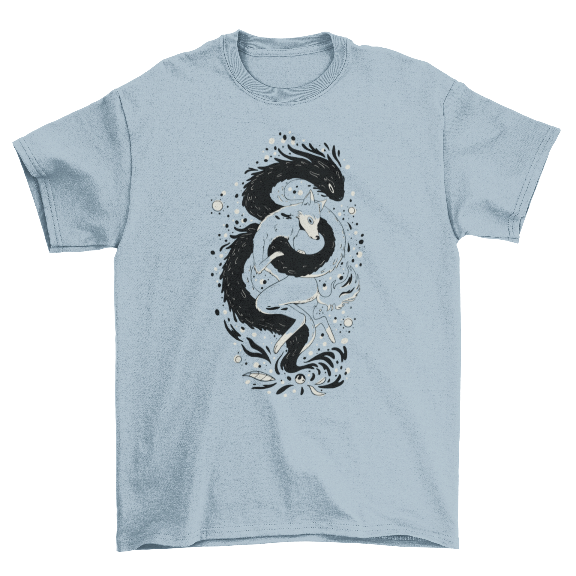 A stylish t-shirt featuring a magical wolf-like creature design, showcasing vibrant colors and intricate details.