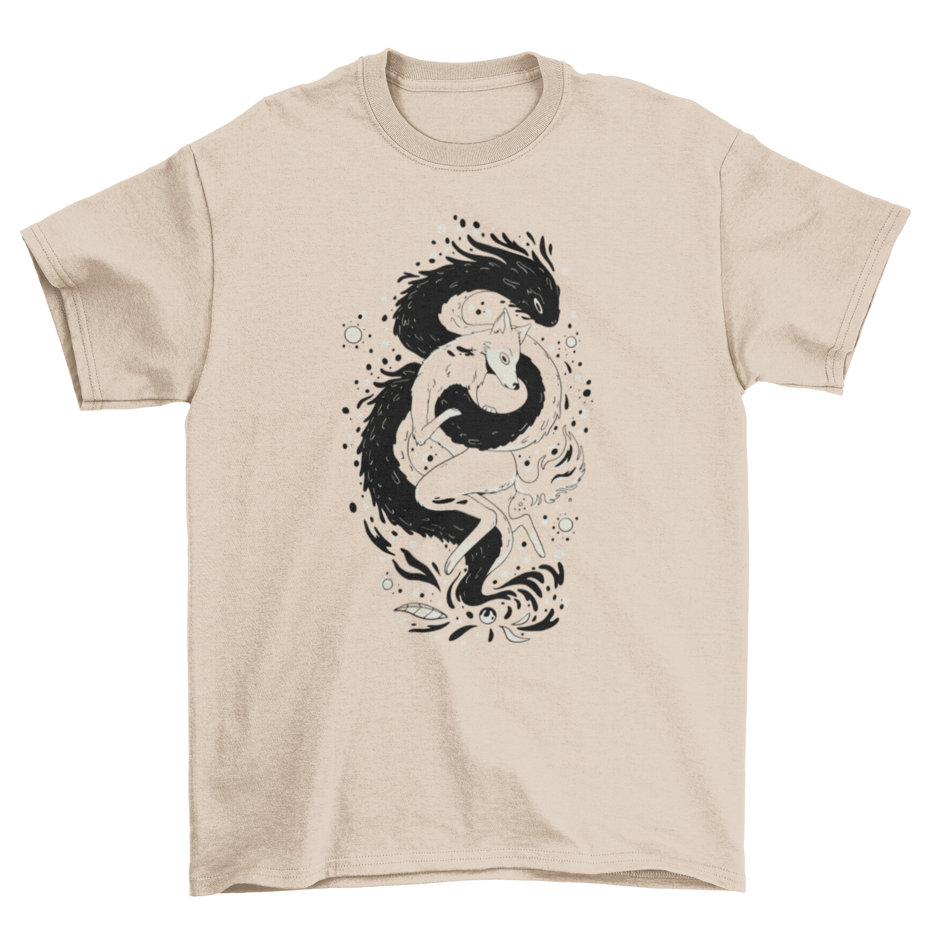 A stylish t-shirt featuring a magical wolf-like creature design, showcasing vibrant colors and intricate details.