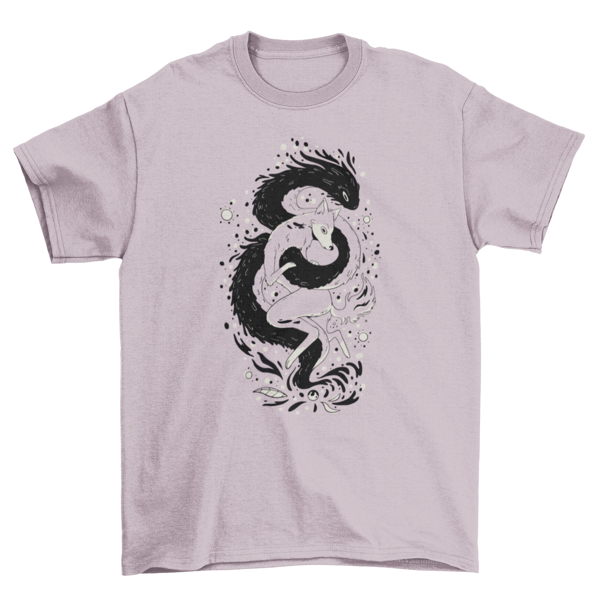 A stylish t-shirt featuring a magical wolf-like creature design, showcasing vibrant colors and intricate details.