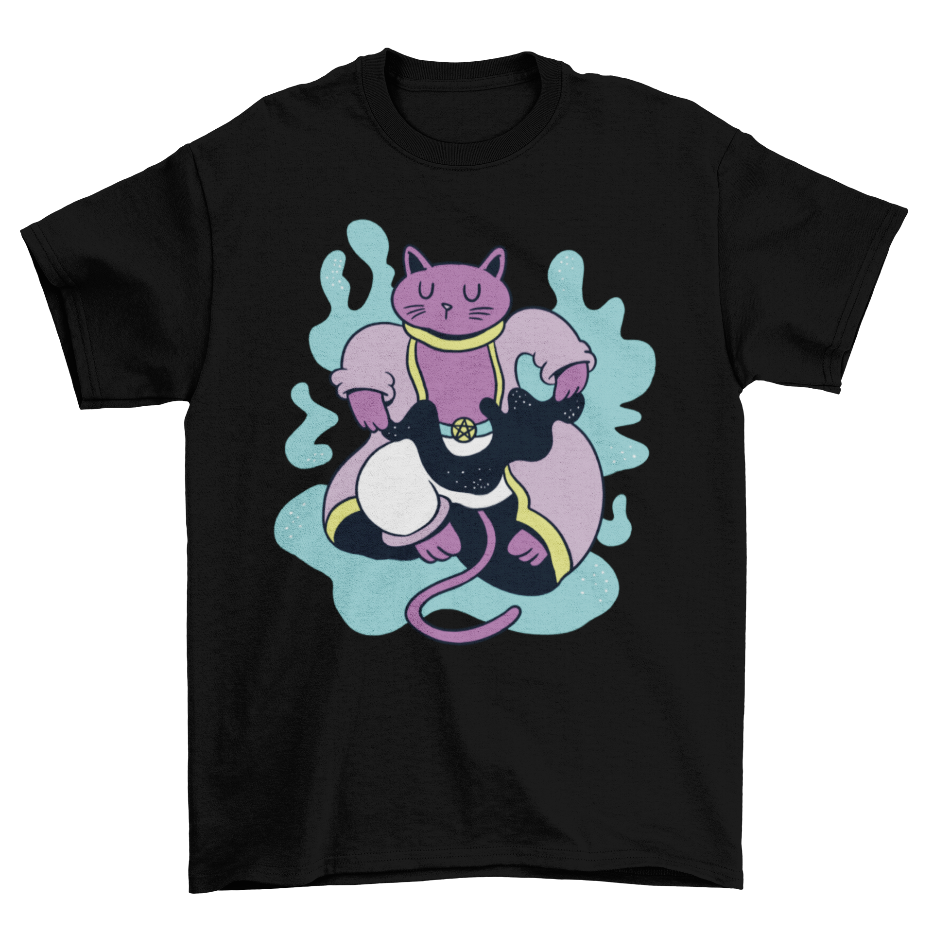 A stylish t-shirt featuring a whimsical design of a cat performing magic tricks, perfect for cat lovers.