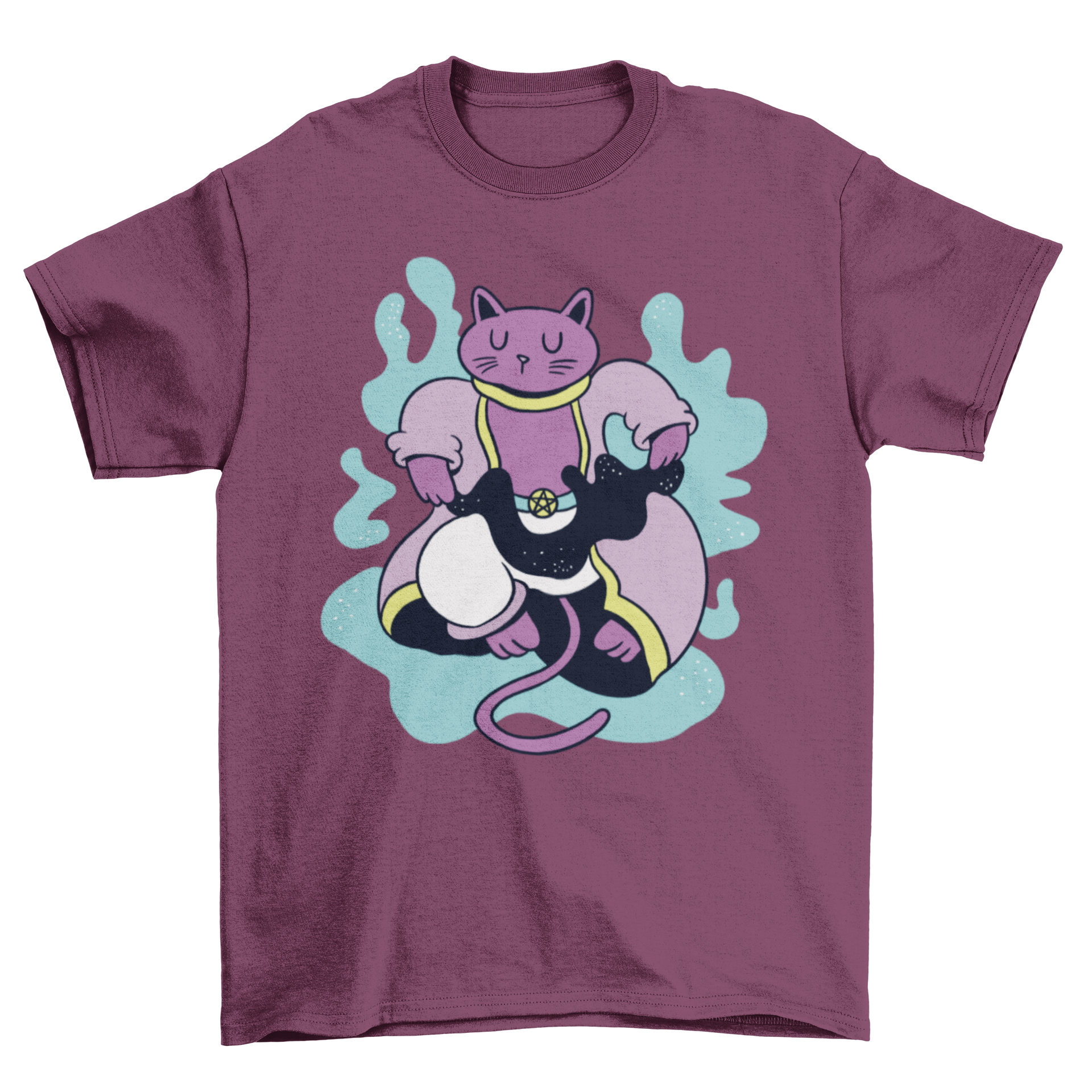 A stylish t-shirt featuring a whimsical design of a cat performing magic tricks, perfect for cat lovers.