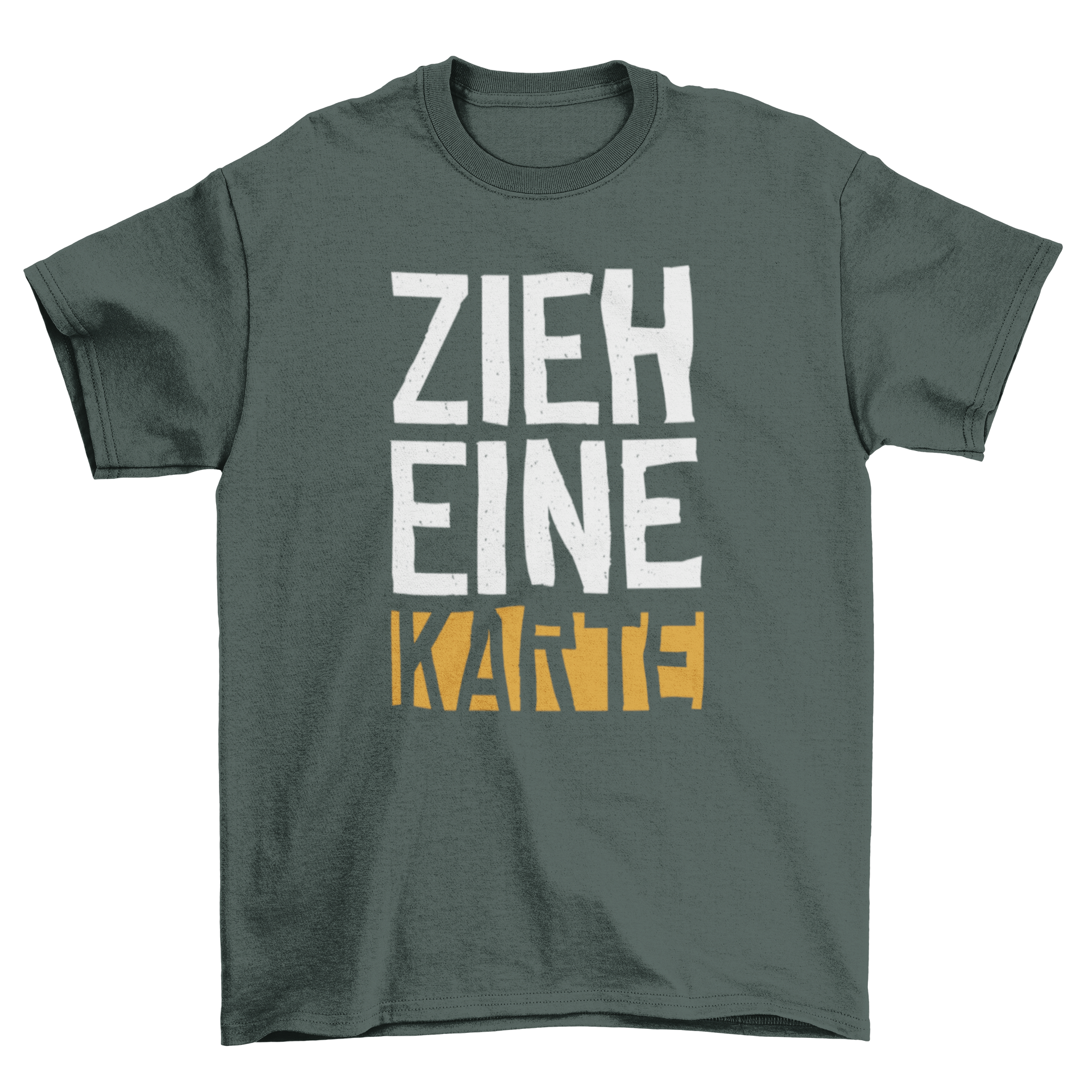 A stylish black T-shirt featuring bold white lettering that says 'ZIEH EINE KARTE', perfect for magic enthusiasts.