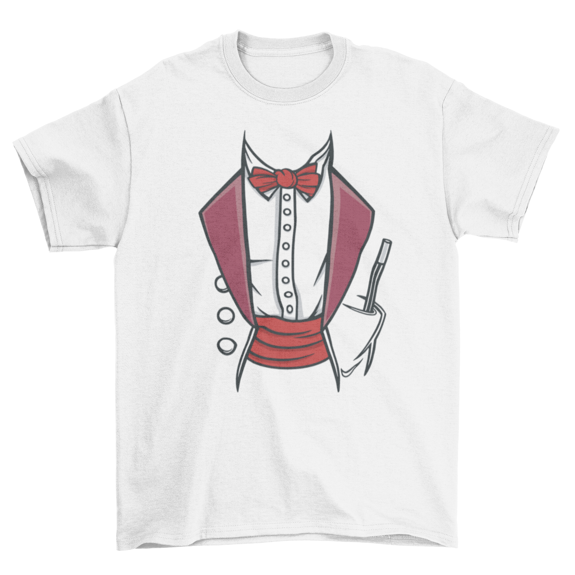 A stylish t-shirt featuring a magician suit design with a bow tie and a magic wand graphic.