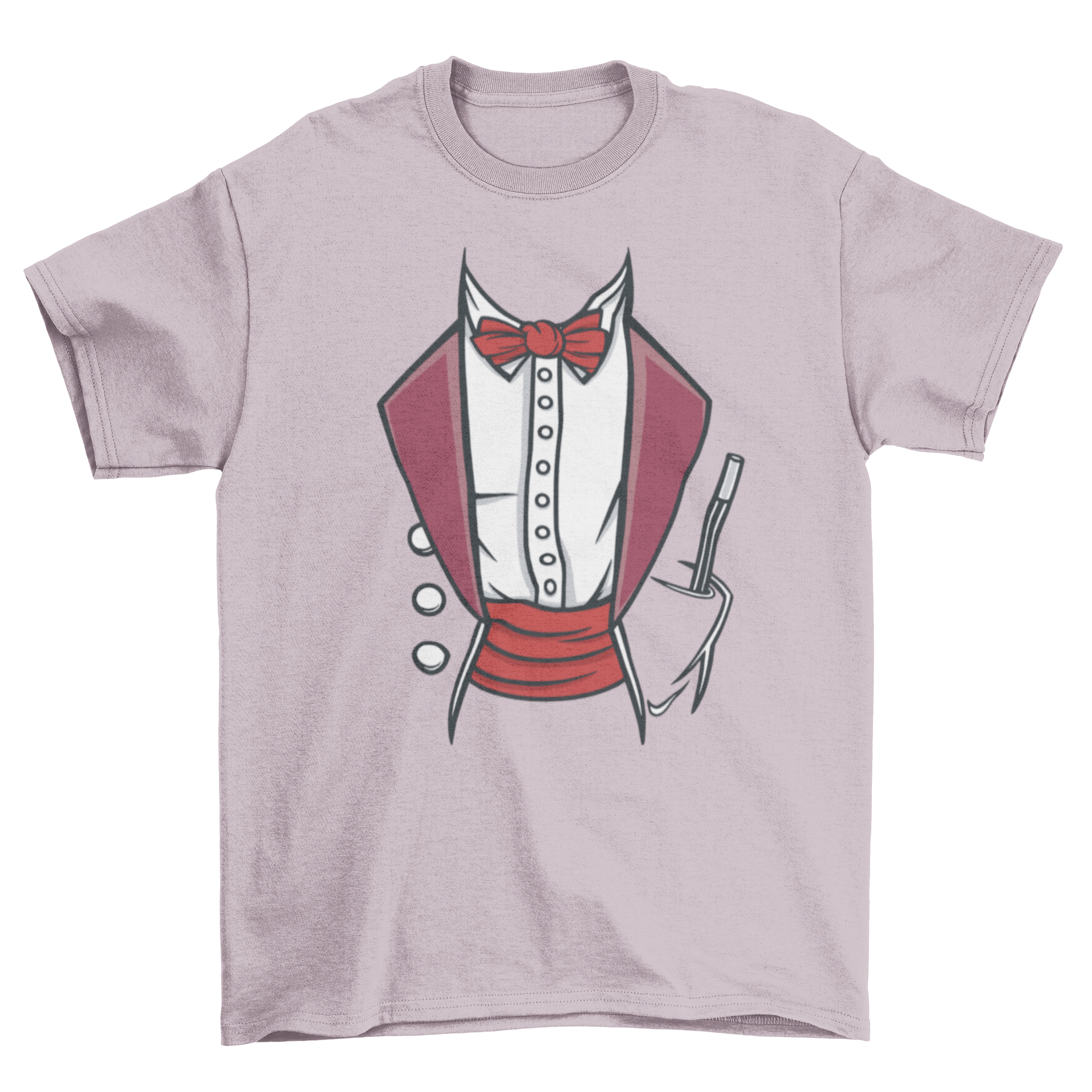 A stylish t-shirt featuring a magician suit design with a bow tie and a magic wand graphic.