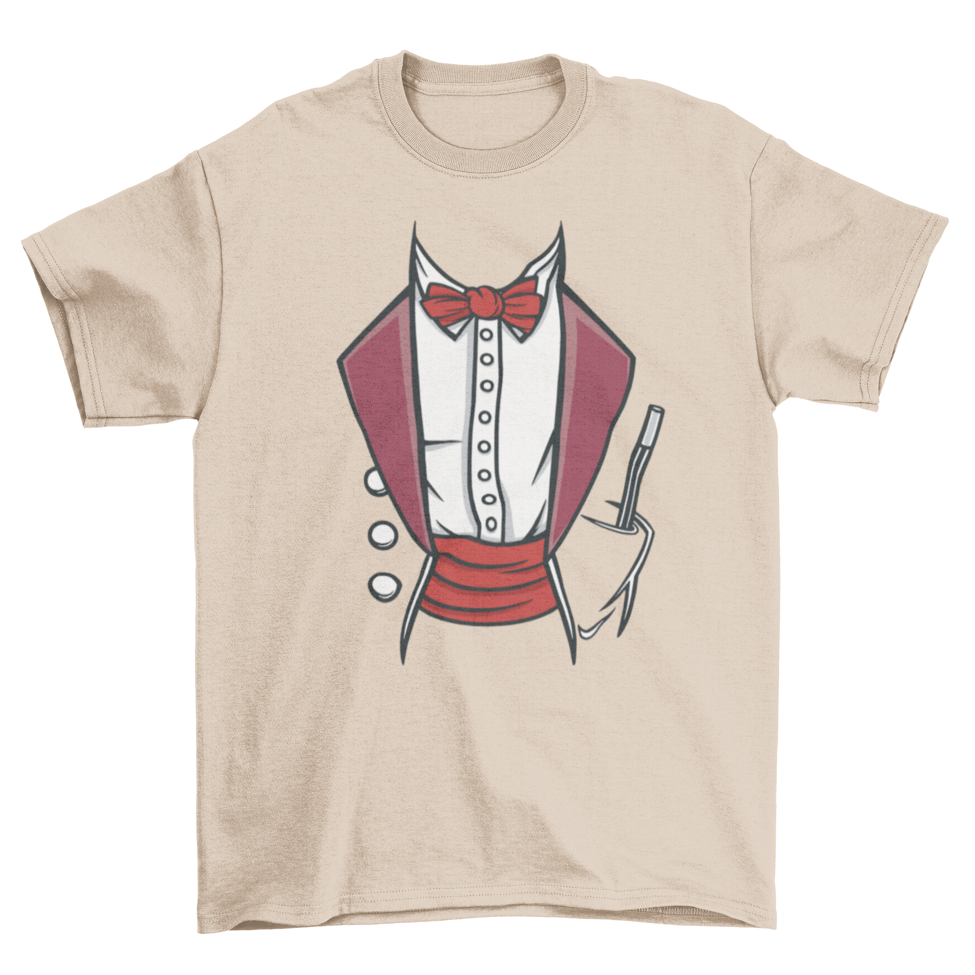 A stylish t-shirt featuring a magician suit design with a bow tie and a magic wand graphic.