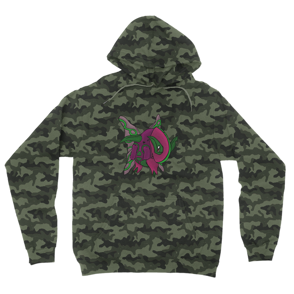 Maigetsu Camouflage Adult Hoodie featuring a classic camo print, double fabric hood, and kangaroo pouch pocket.