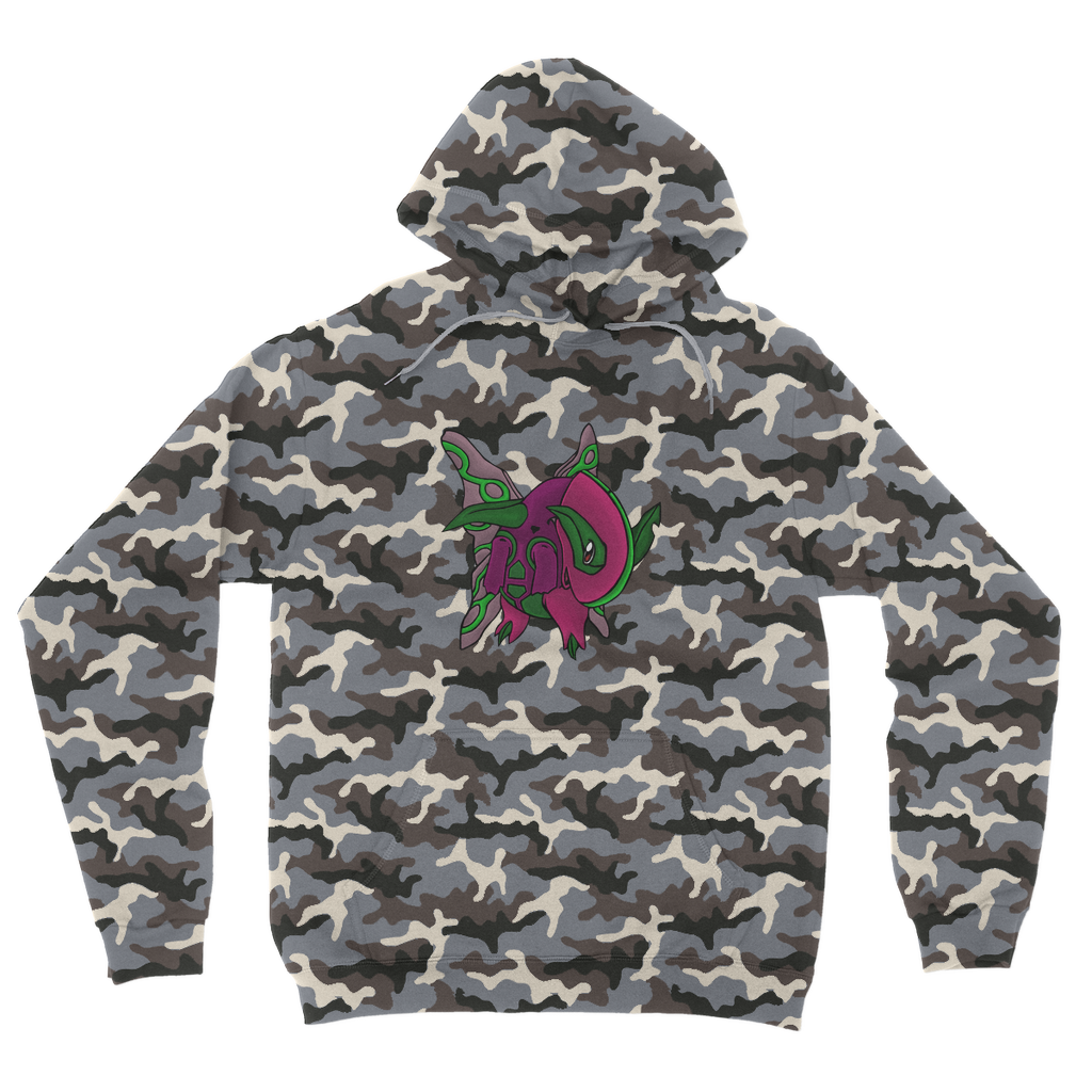 Maigetsu Camouflage Adult Hoodie featuring a classic camo print, double fabric hood, and kangaroo pouch pocket.