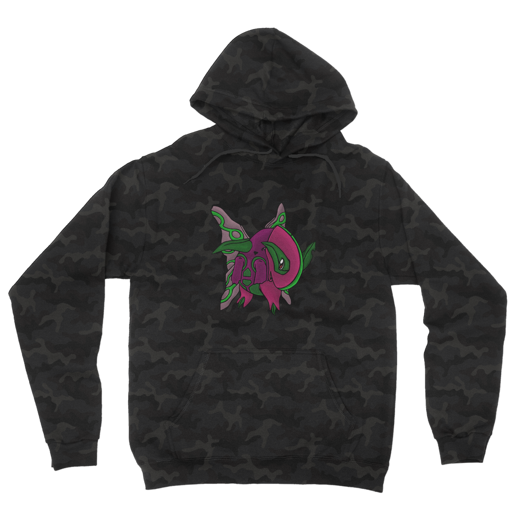 Maigetsu Camouflage Adult Hoodie featuring a classic camo print, double fabric hood, and kangaroo pouch pocket.