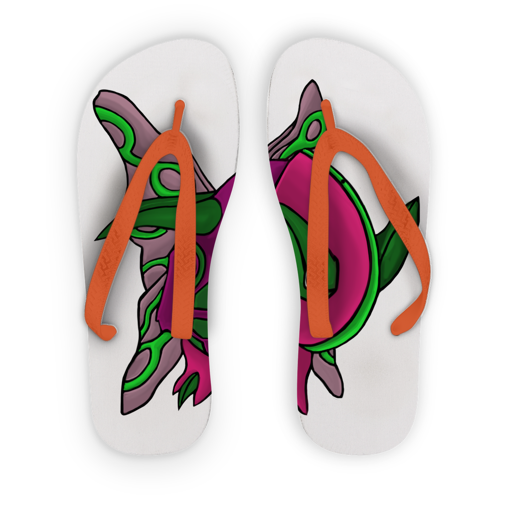 Maigetsu Kids Flip Flops featuring customizable printed fabric with black and orange straps, perfect for summer fun.