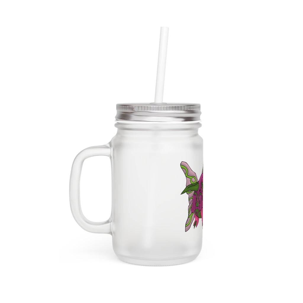 A personalized Maigetsu Mason Jar made of frosted glass, featuring a straw and lid, ideal for drinks and customization.