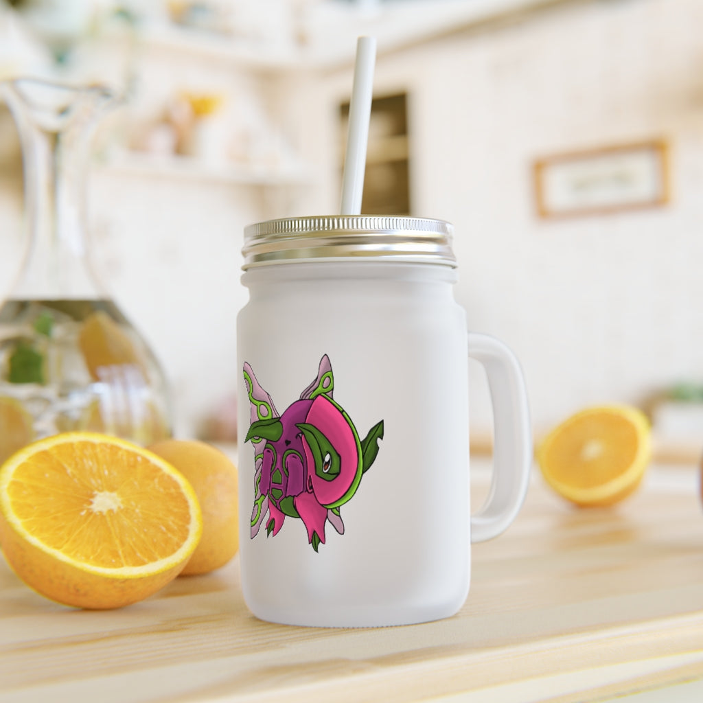 A personalized Maigetsu Mason Jar made of frosted glass, featuring a straw and lid, ideal for drinks and customization.