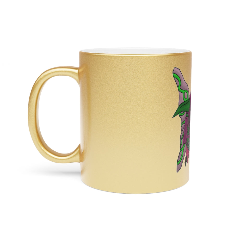 Maigetsu Metallic Mug in Gold and Silver finishes, showcasing personalized designs and a comfortable C-handle.