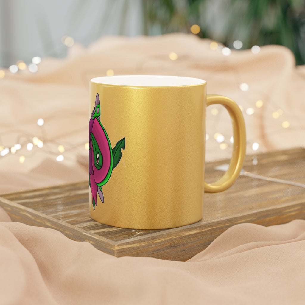 Maigetsu Metallic Mug in Gold and Silver finishes, showcasing personalized designs and a comfortable C-handle.