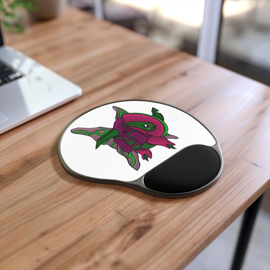 Maigetsu Mouse Pad with ergonomic Memory Foam wrist rest and custom-printed neoprene insert, featuring a foot-shaped black plastic base.