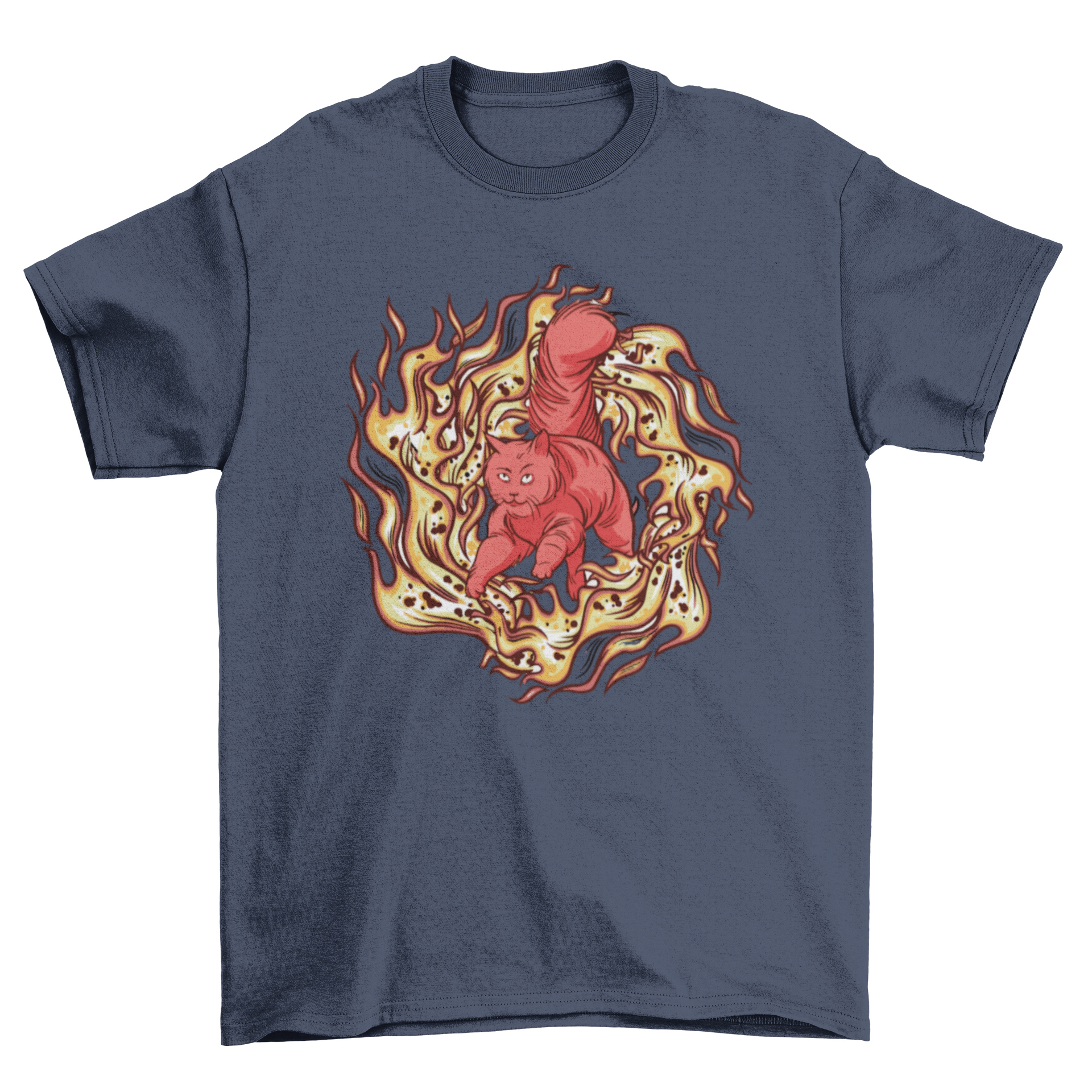 A vibrant t-shirt featuring a red Maine Coon cat running through a fiery tunnel, showcasing a unique and artistic design.