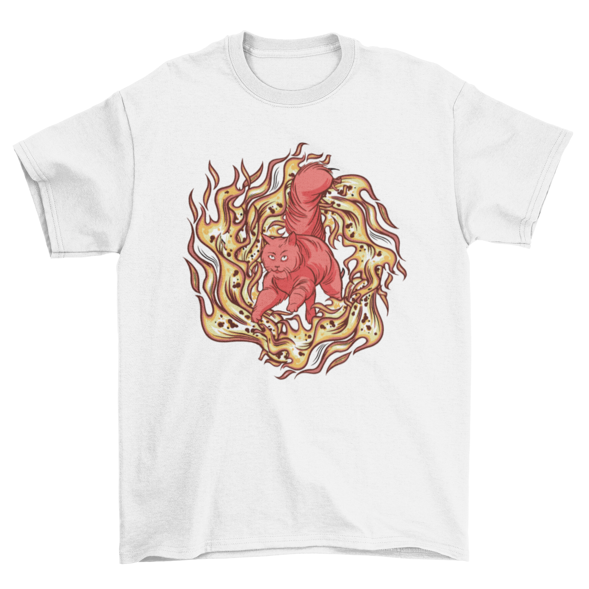 A vibrant t-shirt featuring a red Maine Coon cat running through a fiery tunnel, showcasing a unique and artistic design.