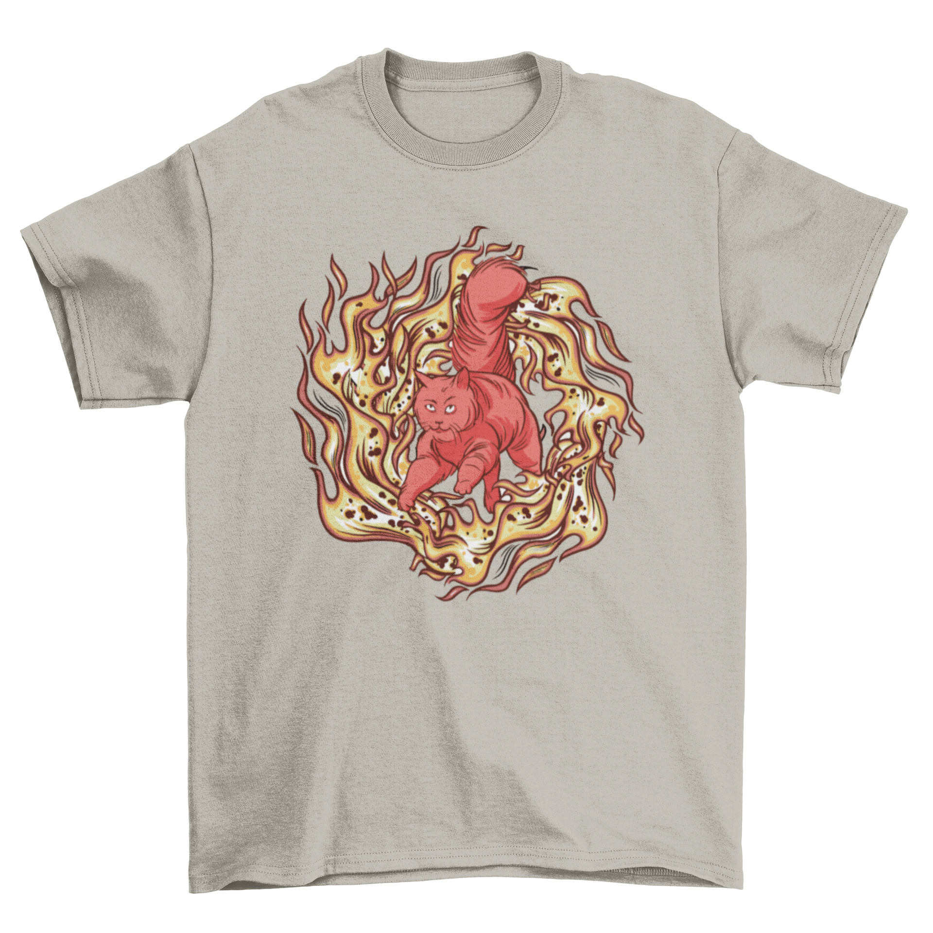 A vibrant t-shirt featuring a red Maine Coon cat running through a fiery tunnel, showcasing a unique and artistic design.