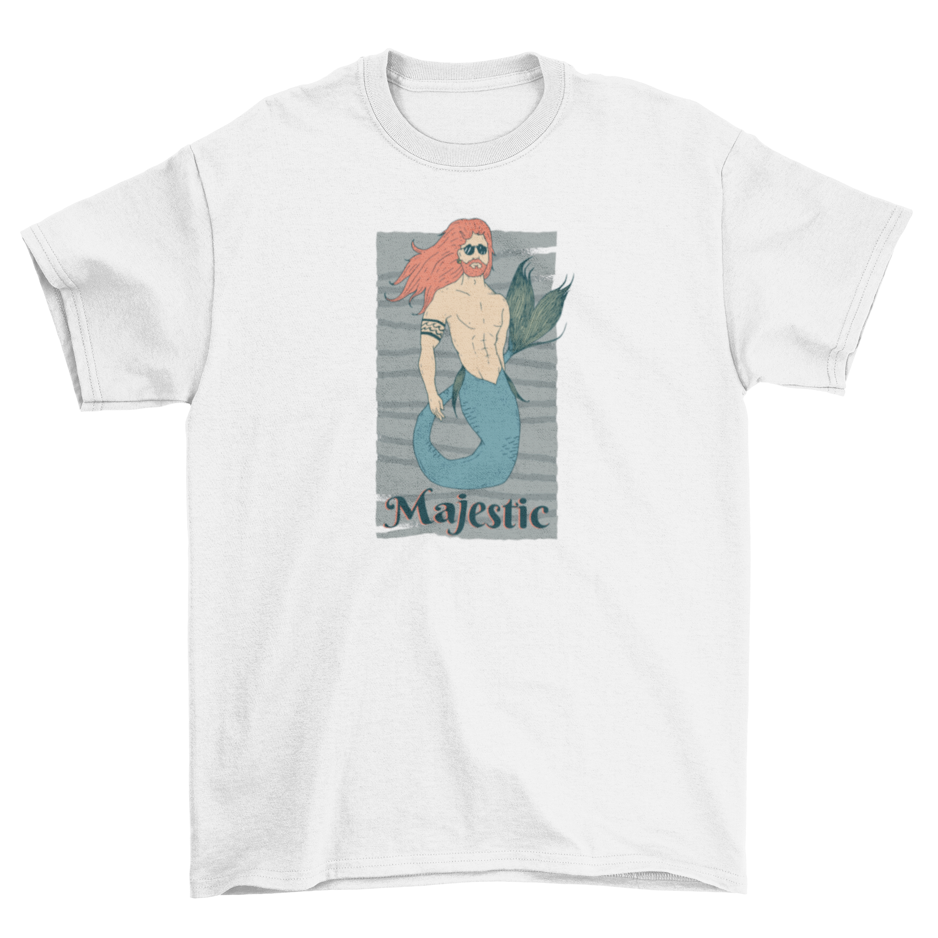 Majestic Merman T-shirt featuring a detailed merman illustration on a gray lined background with the word 'Majestic' below.