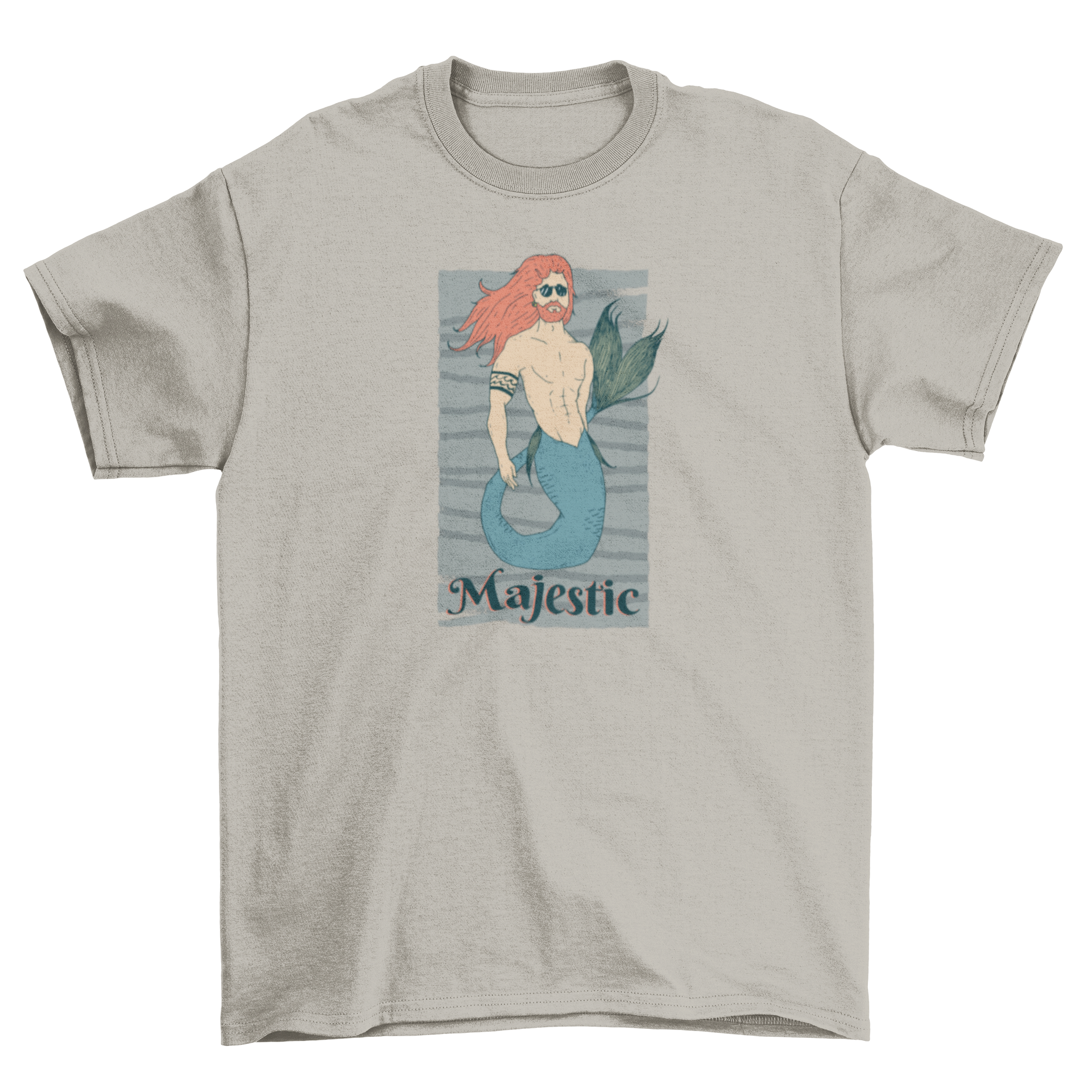 Majestic Merman T-shirt featuring a detailed merman illustration on a gray lined background with the word 'Majestic' below.