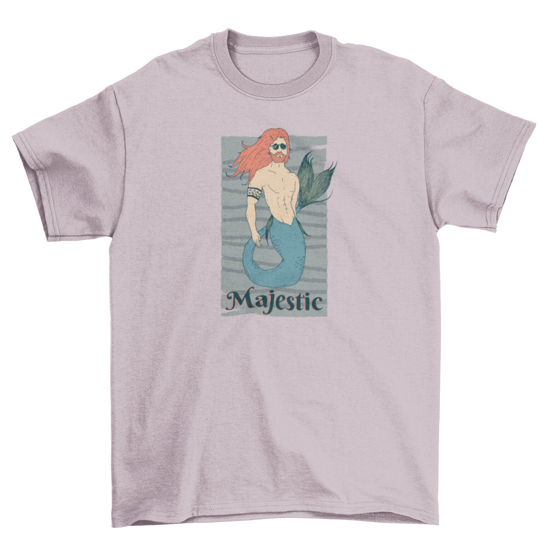 Majestic Merman T-shirt featuring a detailed merman illustration on a gray lined background with the word 'Majestic' below.