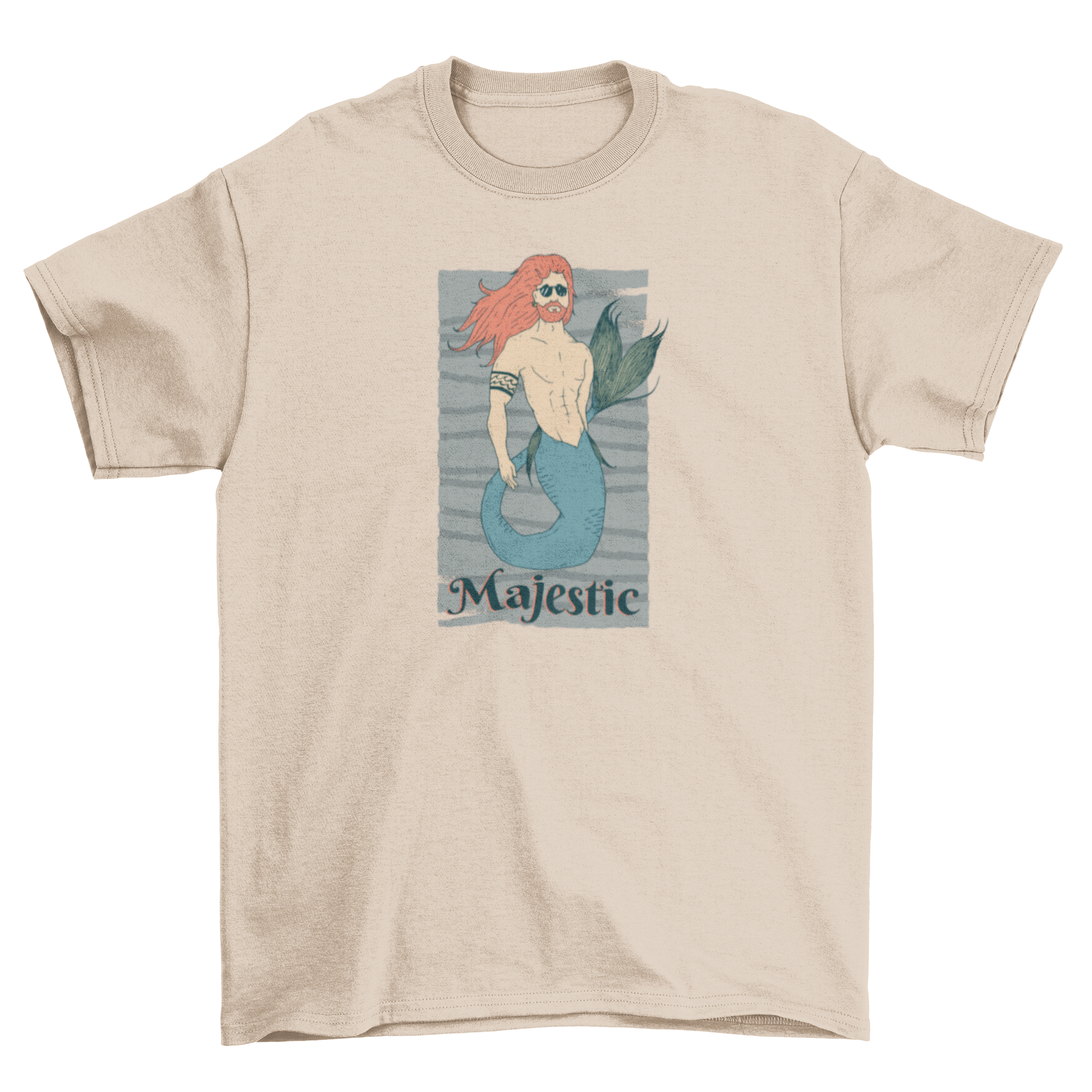 Majestic Merman T-shirt featuring a detailed merman illustration on a gray lined background with the word 'Majestic' below.