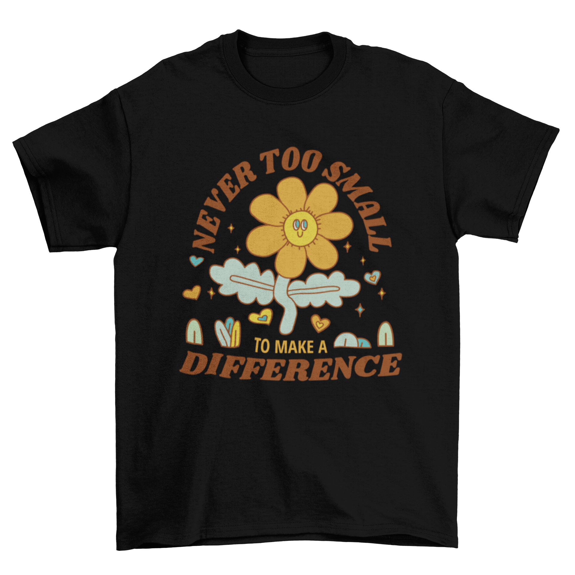 Earth Day t-shirt design featuring a happy flower and the quote 'Never too small to make a difference'.