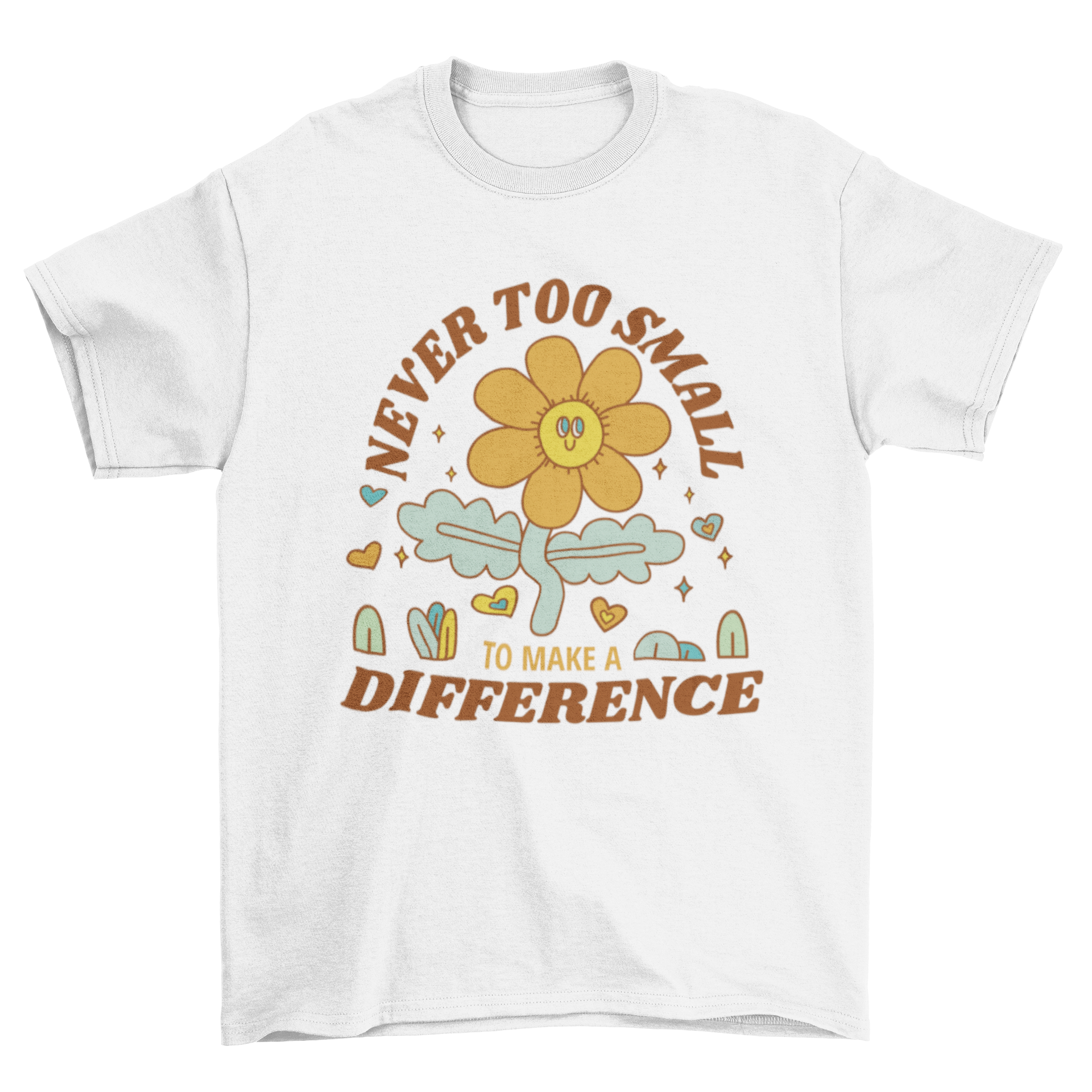 Earth Day t-shirt design featuring a happy flower and the quote 'Never too small to make a difference'.