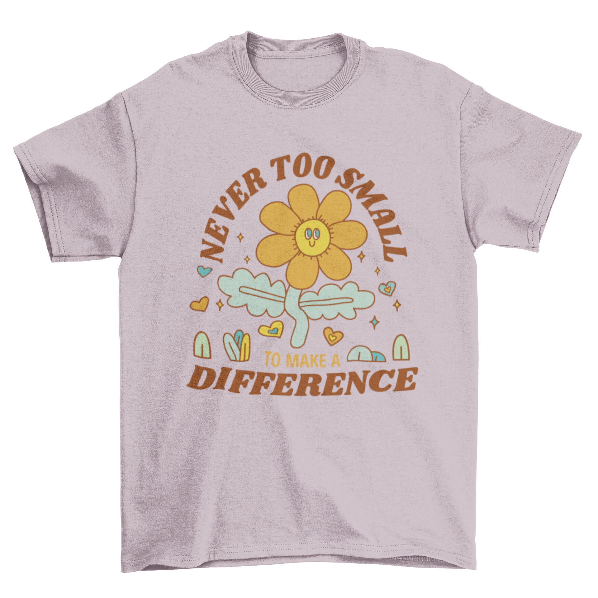 Earth Day t-shirt design featuring a happy flower and the quote 'Never too small to make a difference'.