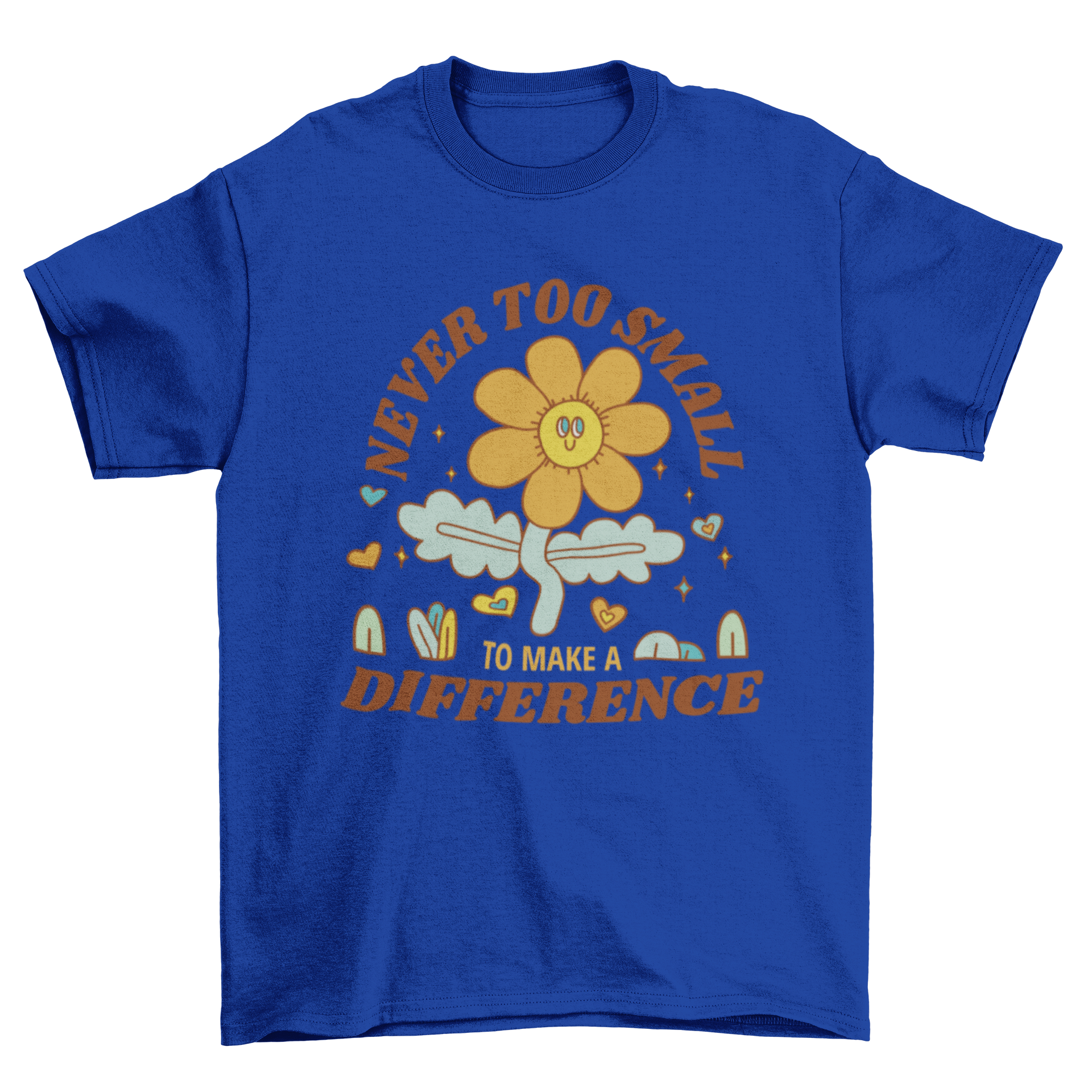 Earth Day t-shirt design featuring a happy flower and the quote 'Never too small to make a difference'.