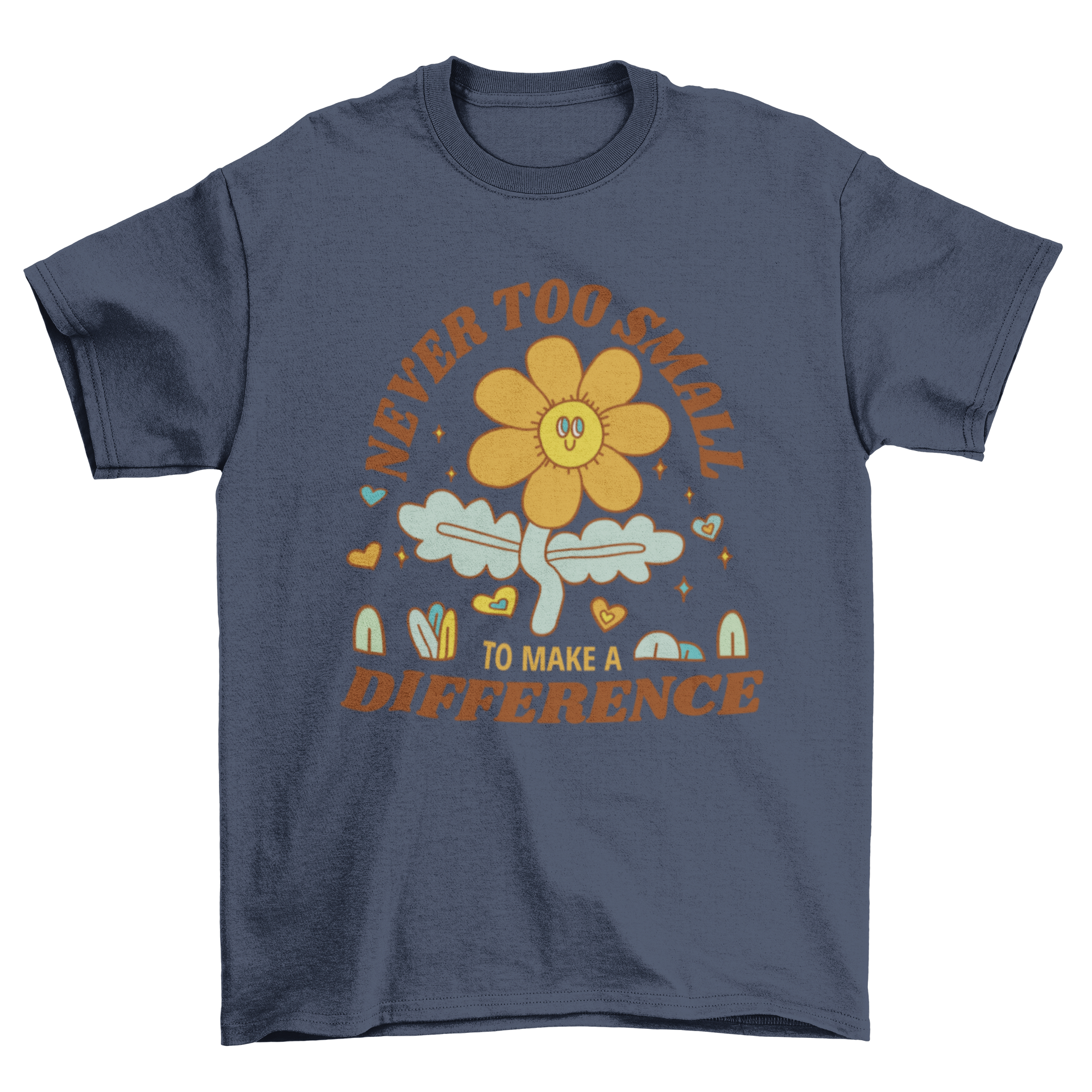 Earth Day t-shirt design featuring a happy flower and the quote 'Never too small to make a difference'.