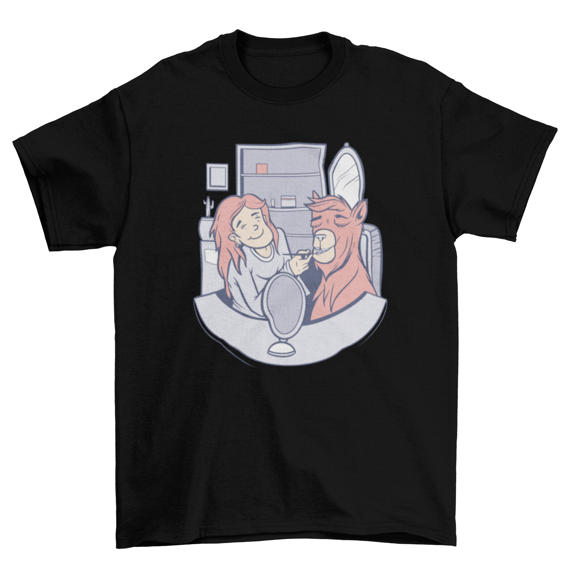 A stylish t-shirt featuring a whimsical illustration of a woman applying makeup to an alpaca, showcasing creativity and fun.