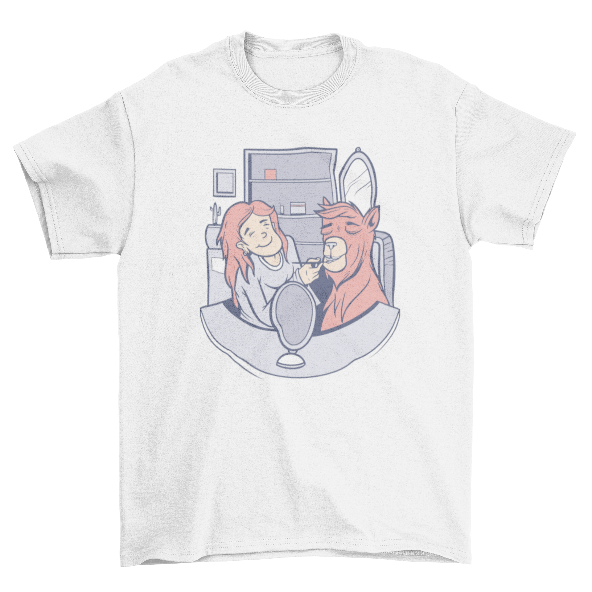 A stylish t-shirt featuring a whimsical illustration of a woman applying makeup to an alpaca, showcasing creativity and fun.