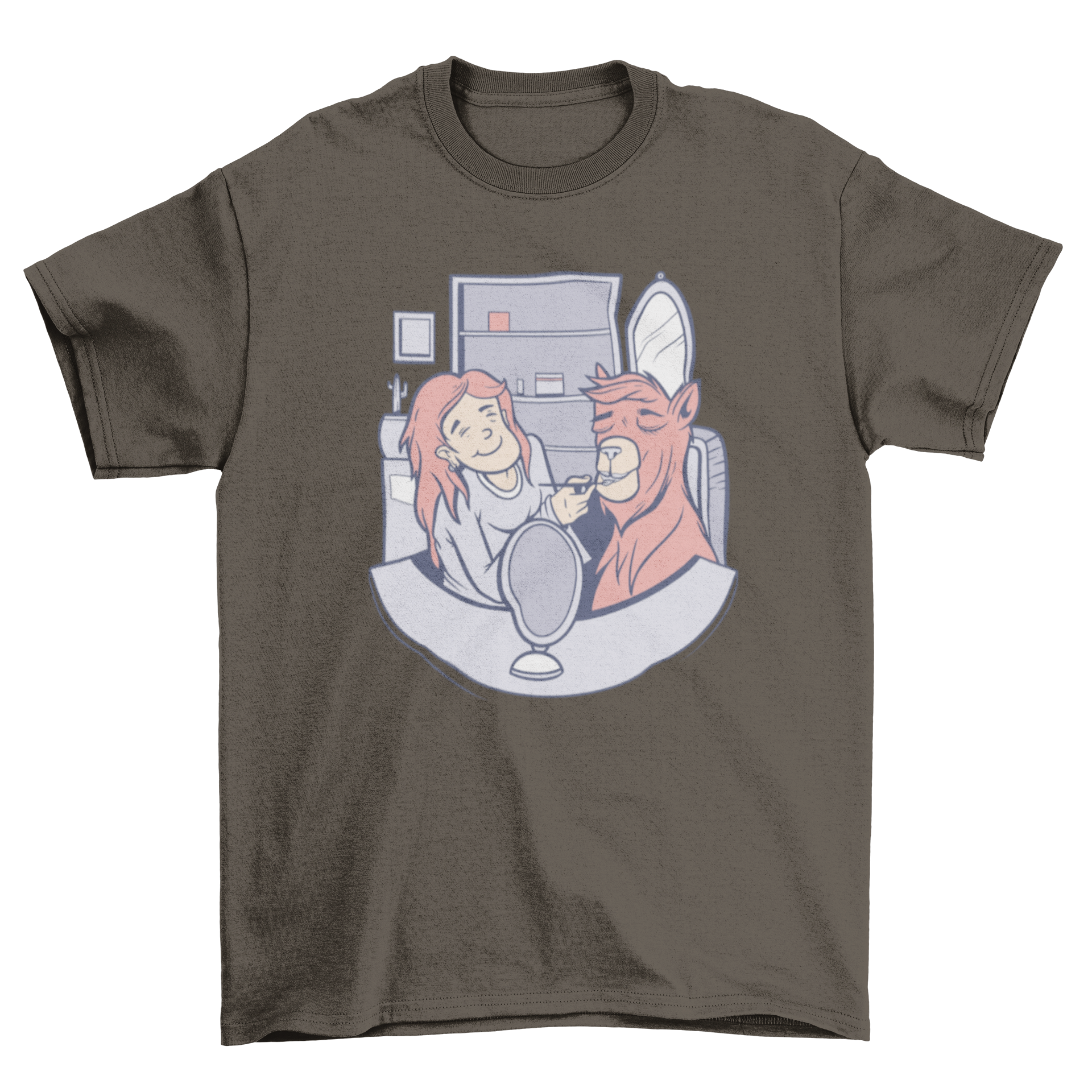 A stylish t-shirt featuring a whimsical illustration of a woman applying makeup to an alpaca, showcasing creativity and fun.