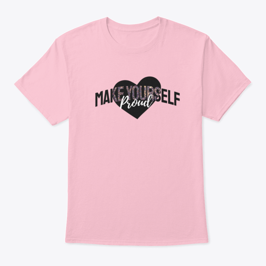 A stylish t-shirt featuring the slogan 'Make Yourself Proud' in glitter on a heart background, showcasing its vibrant design and comfortable fit.