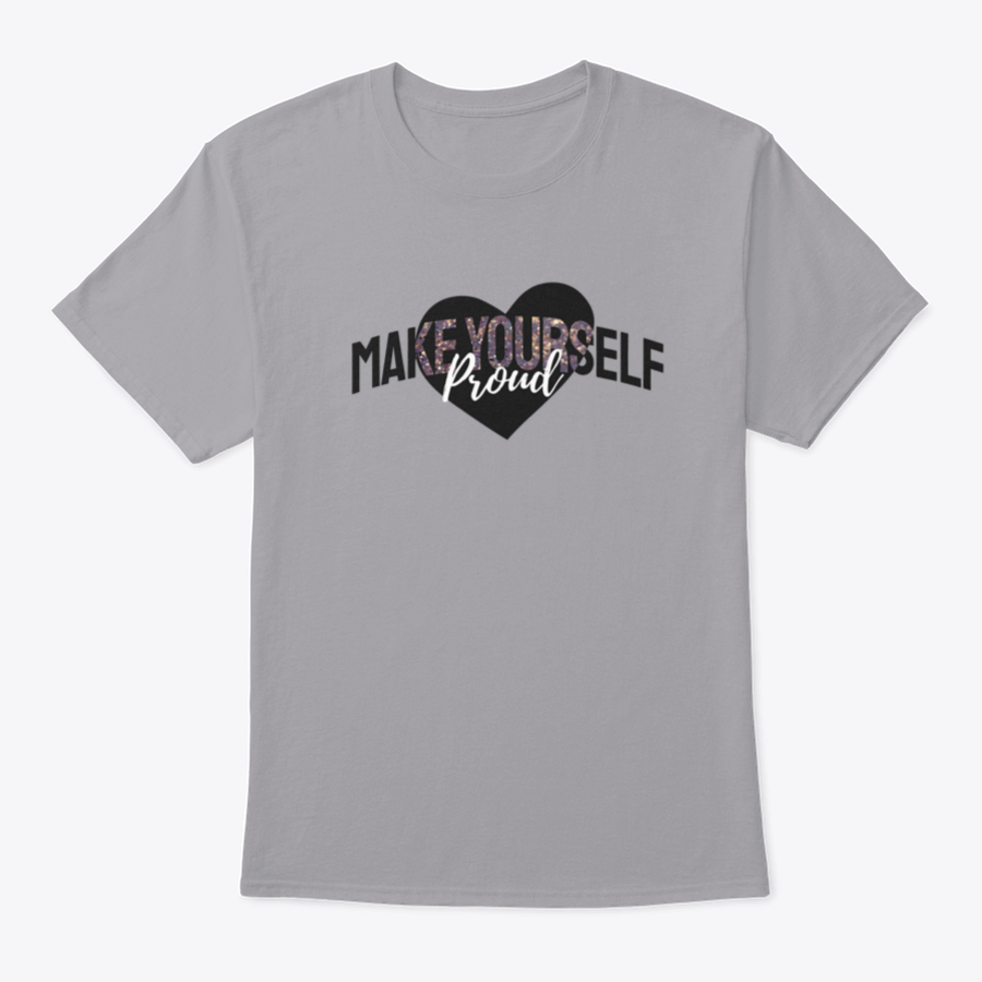 A stylish t-shirt featuring the slogan 'Make Yourself Proud' in glitter on a heart background, showcasing its vibrant design and comfortable fit.