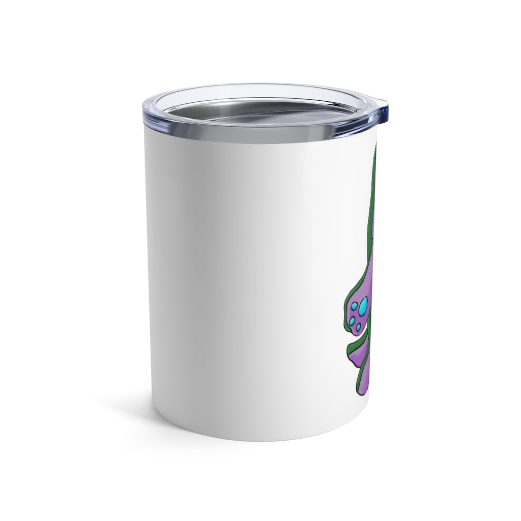 Makket Tumbler 10oz in stainless steel with a see-thru plastic lid, showcasing its sleek design and rounded corners.