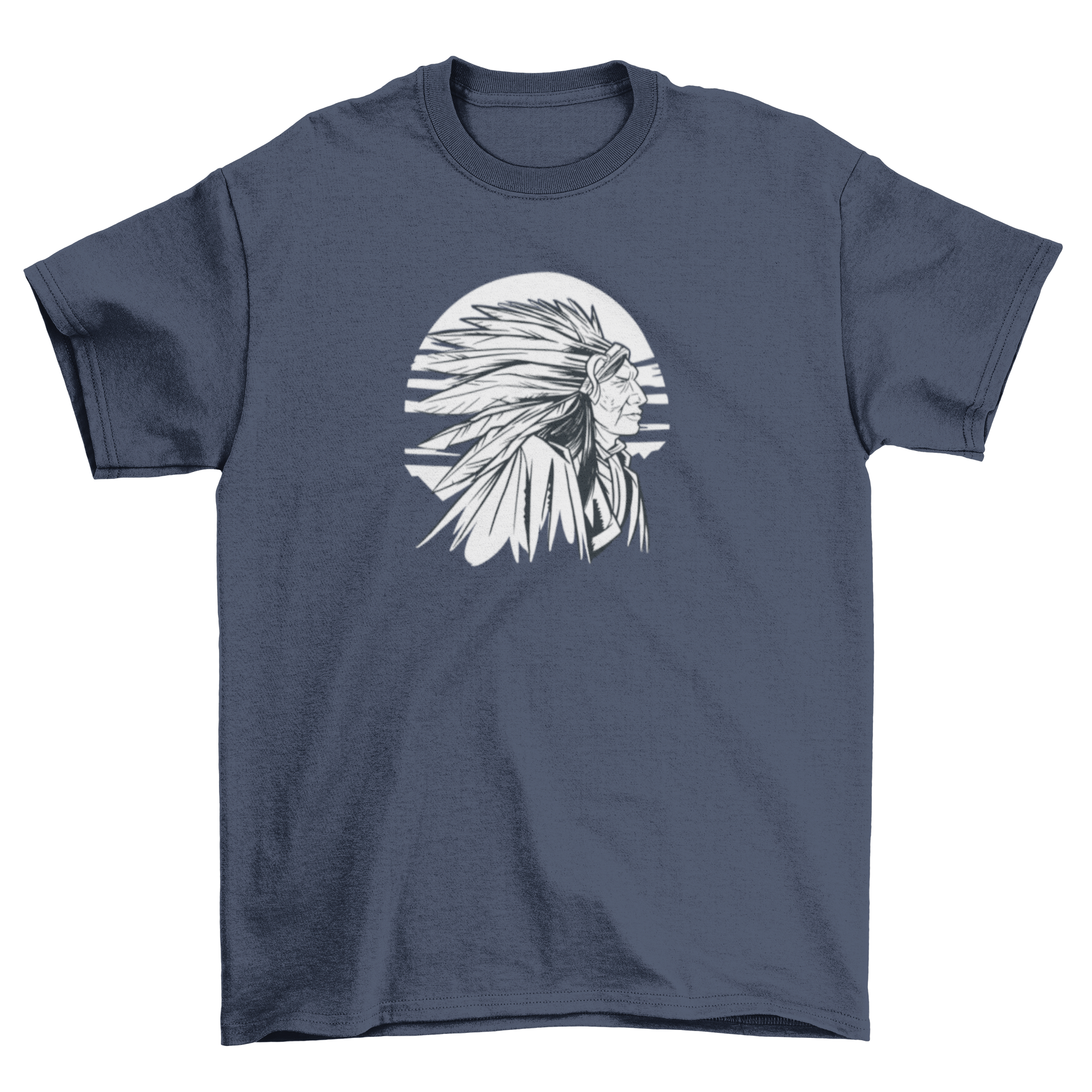 A vibrant t-shirt featuring an Indian chief in traditional attire, showcasing cultural heritage.