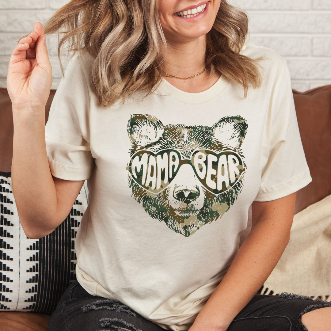 Mama Bear T-Shirt made from soft ring-spun cotton, featuring double stitching for durability, available in various sizes.